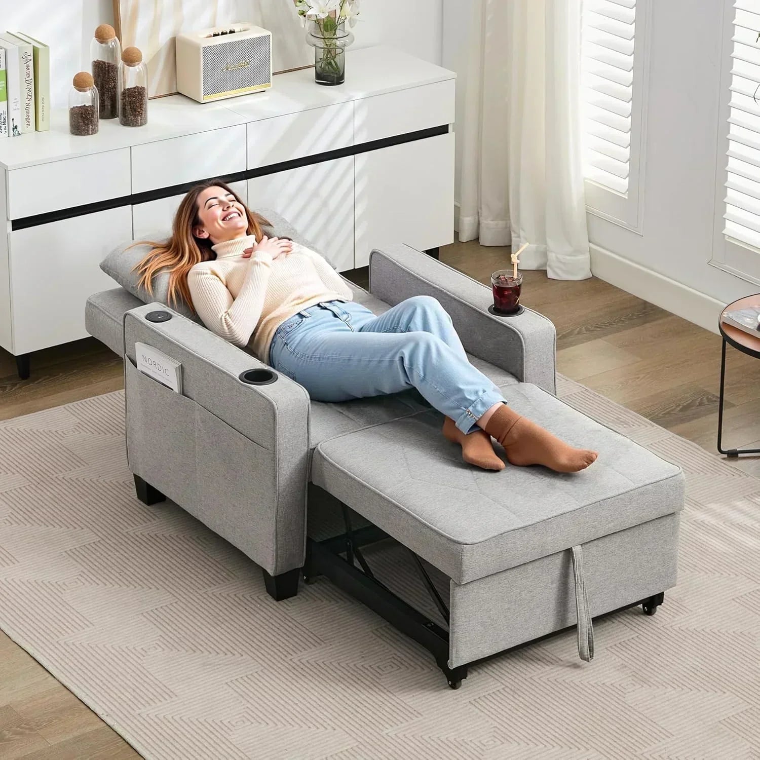 Adult Convertible Sleeper Chair Bed 3-in-1 Pull-Out Sofa Bed with USB/Type-C Ports Cup Holders