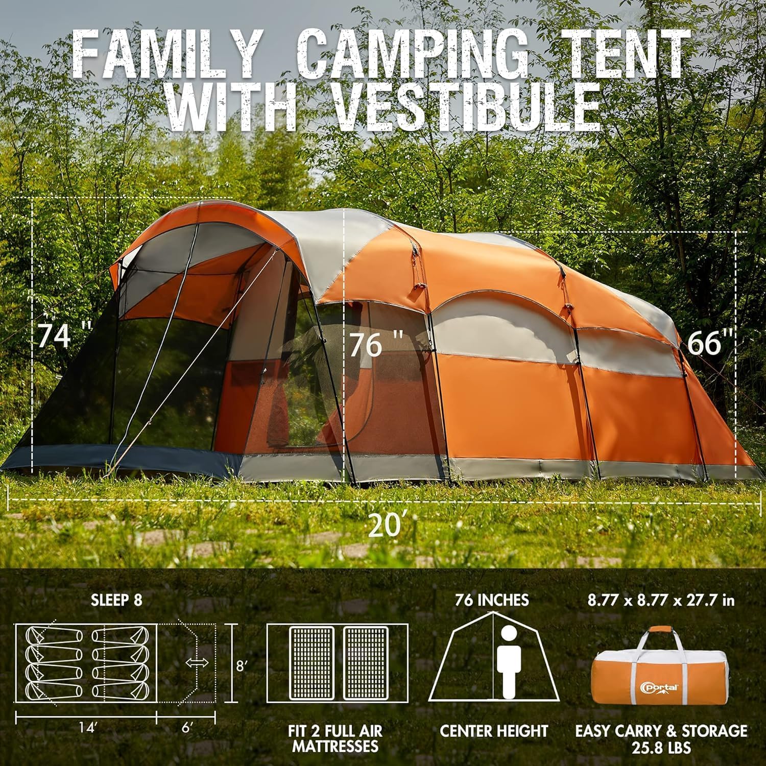 PORTAL 6/8/10 Person Family Camping Tent with Screen Room Water Resistant Big Tunnel Tent