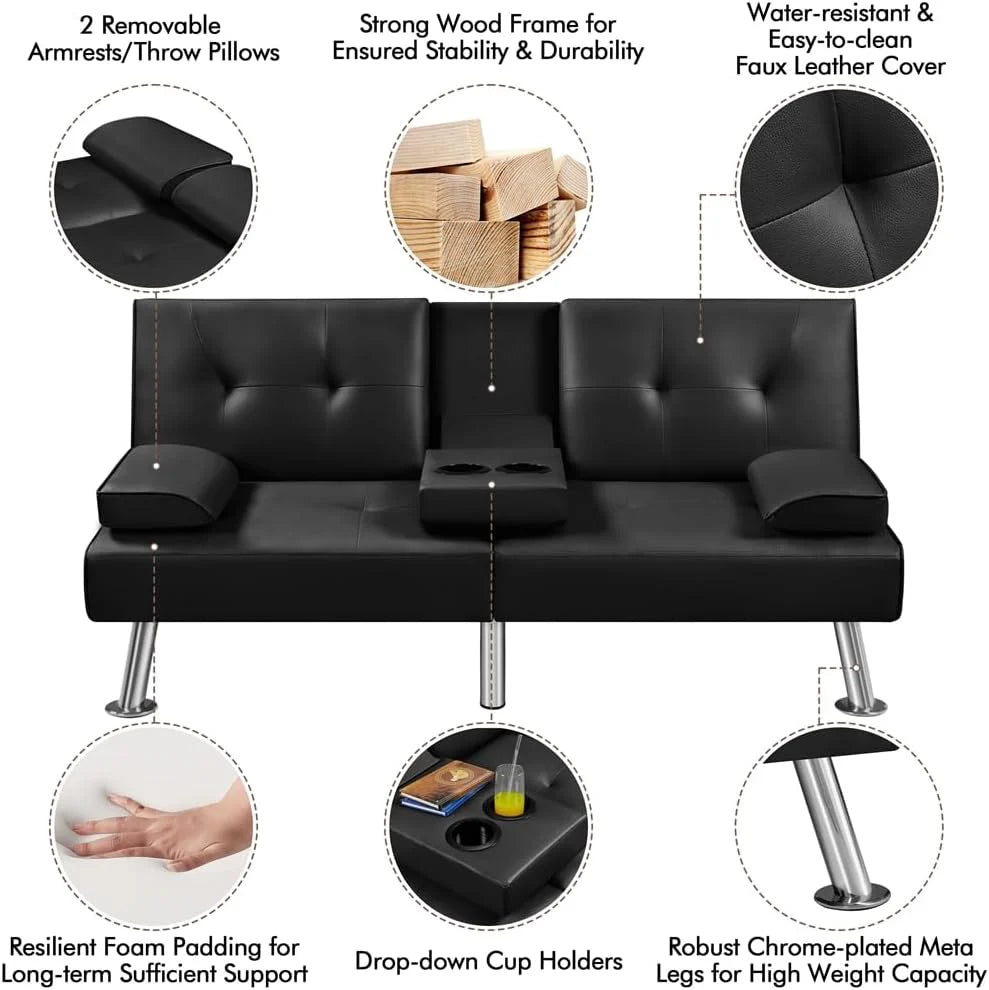 Yaheetech Convertible Sofa Bed Adjustable Couch Sleeper Modern Faux Leather Home Recliner Reversible Loveseat Folding Daybed Guest Bed, Removable Armrests, Cup Holders, 3 Angles, 772lb Capacity, Brown