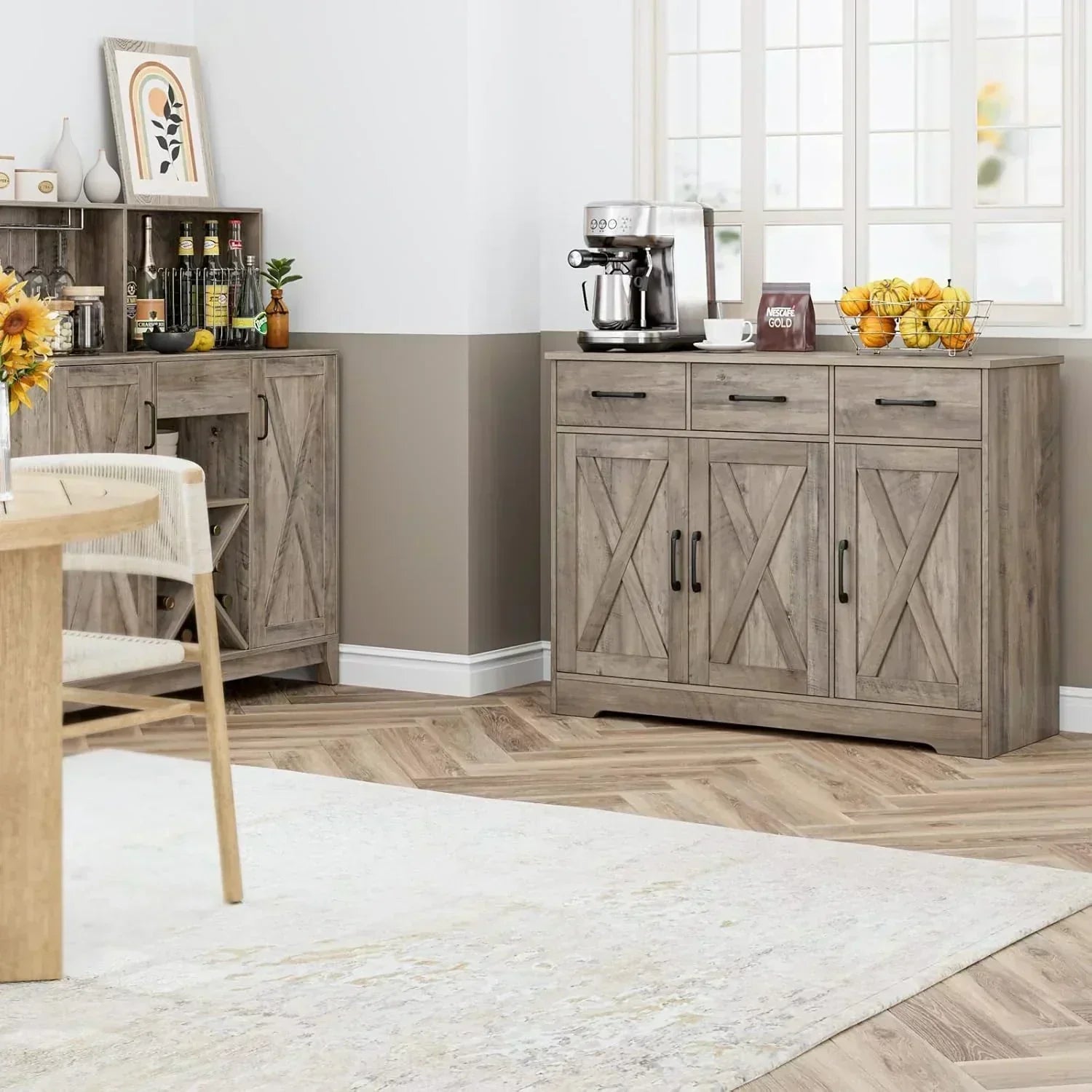 Modern farmhouse sideboard barn door buffet storage cabinet with drawers and shelves