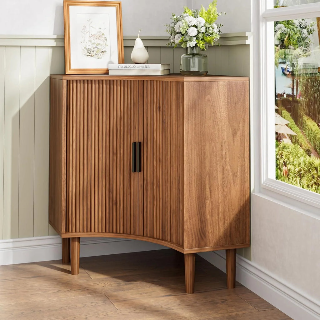 Fluted corner cabinet, small corner base cabinet modern wooden storage organizer