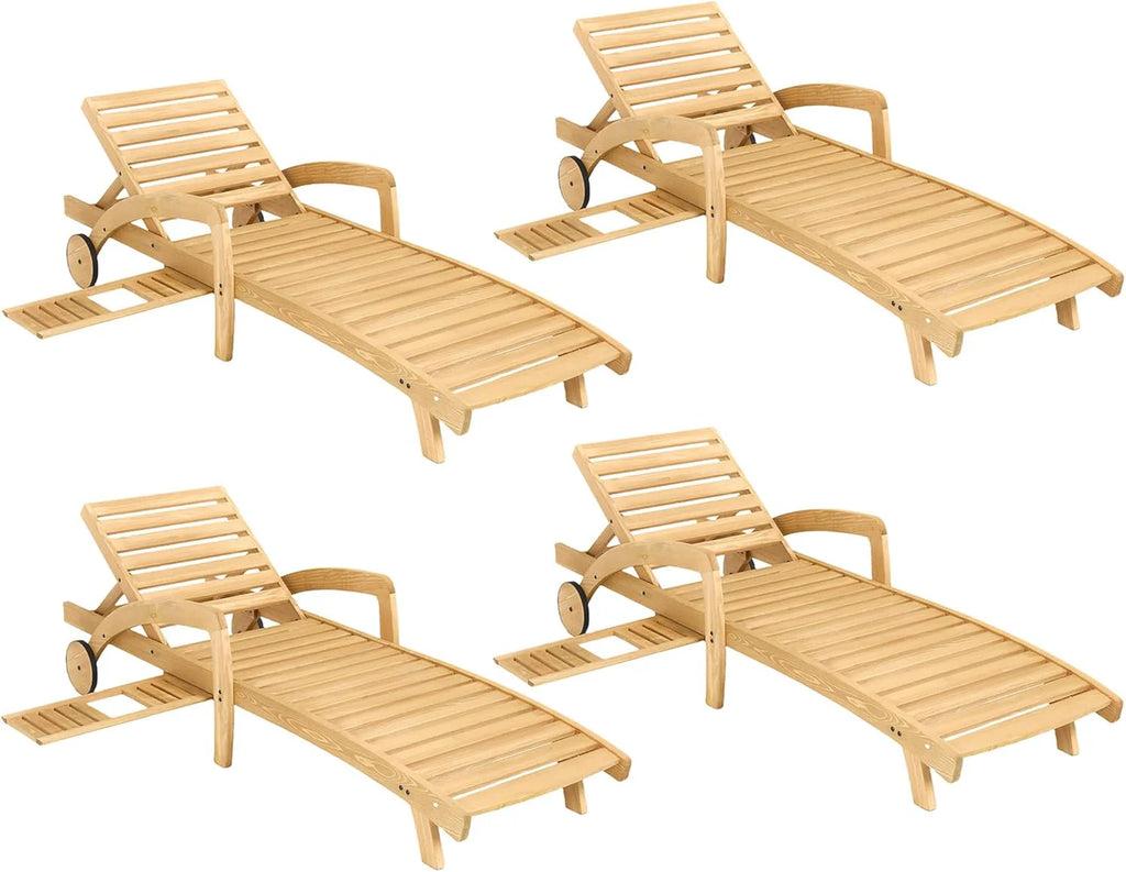Pool Chaise Lounge Chairs Set of 4 5-Position Adjustable Outdoor Patio Lounge Chairs Wood Reclining Chaise Lounger Chair with Pullout Side Table