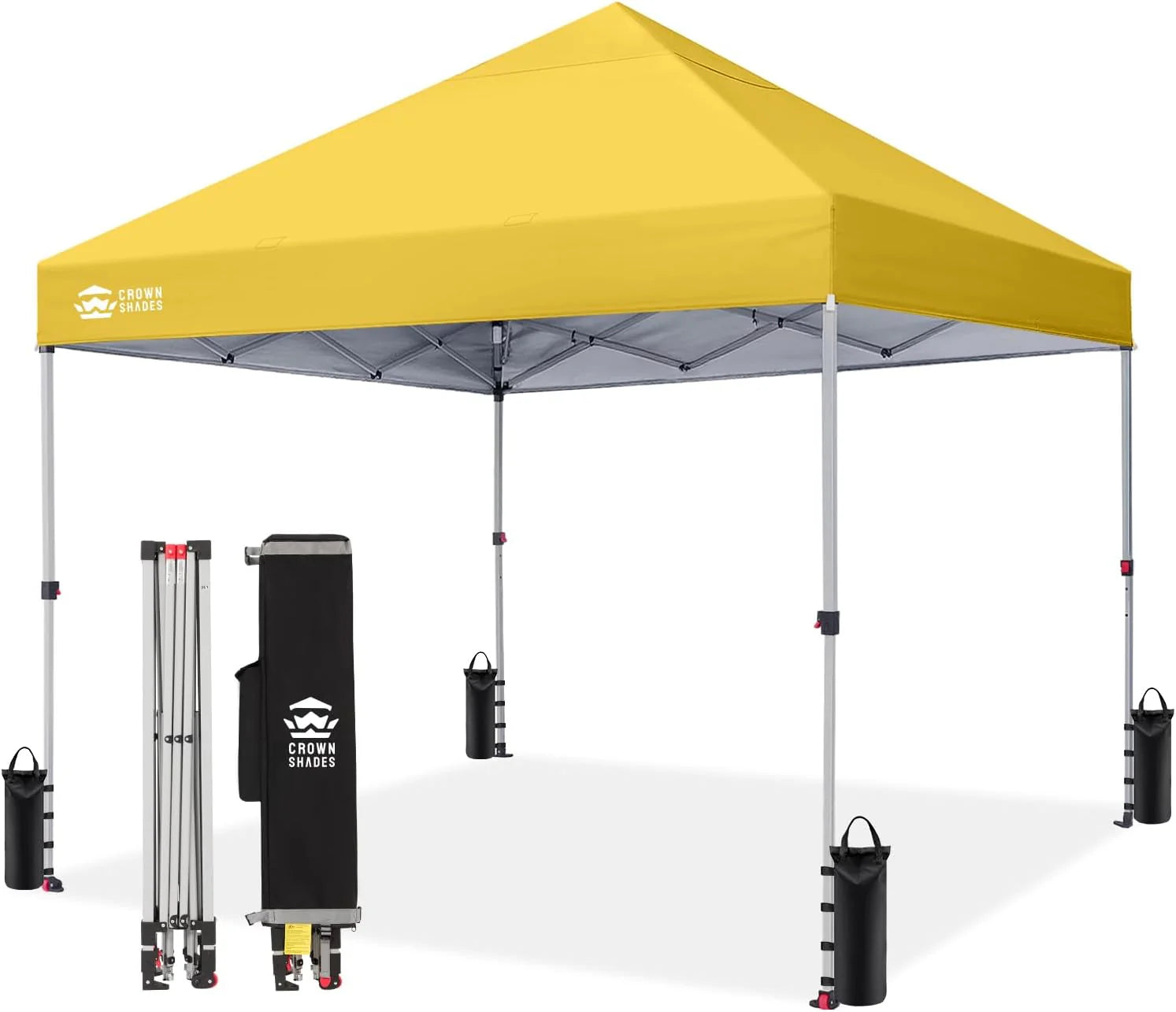 Crown Shades 10x10 Pop Up Canopy - Beach Tent with One Push Setup - Outdoor Sun Shade for Events, Parties, Camping - Gazebo with STO-N-Go Cover Bag, Silver Coated Top, 3 Height& 4 Sand Bags, Yellow