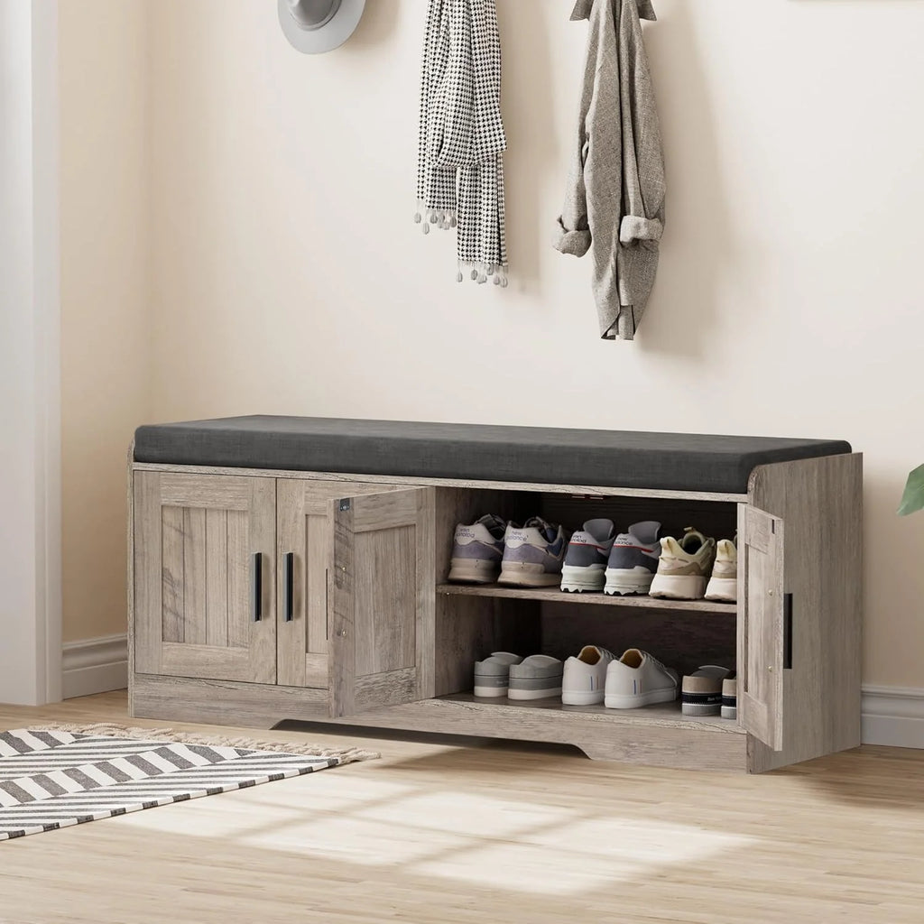 2-Tier Storage Bench, Shoe Bench with Thickened Padded Seat Cushion, Entryway Bench with 4 Doors, Adjustable Shelf, 13.8 D x 45.3 W x 18.5 H, for Entryway, Living Room, Bedroom, White