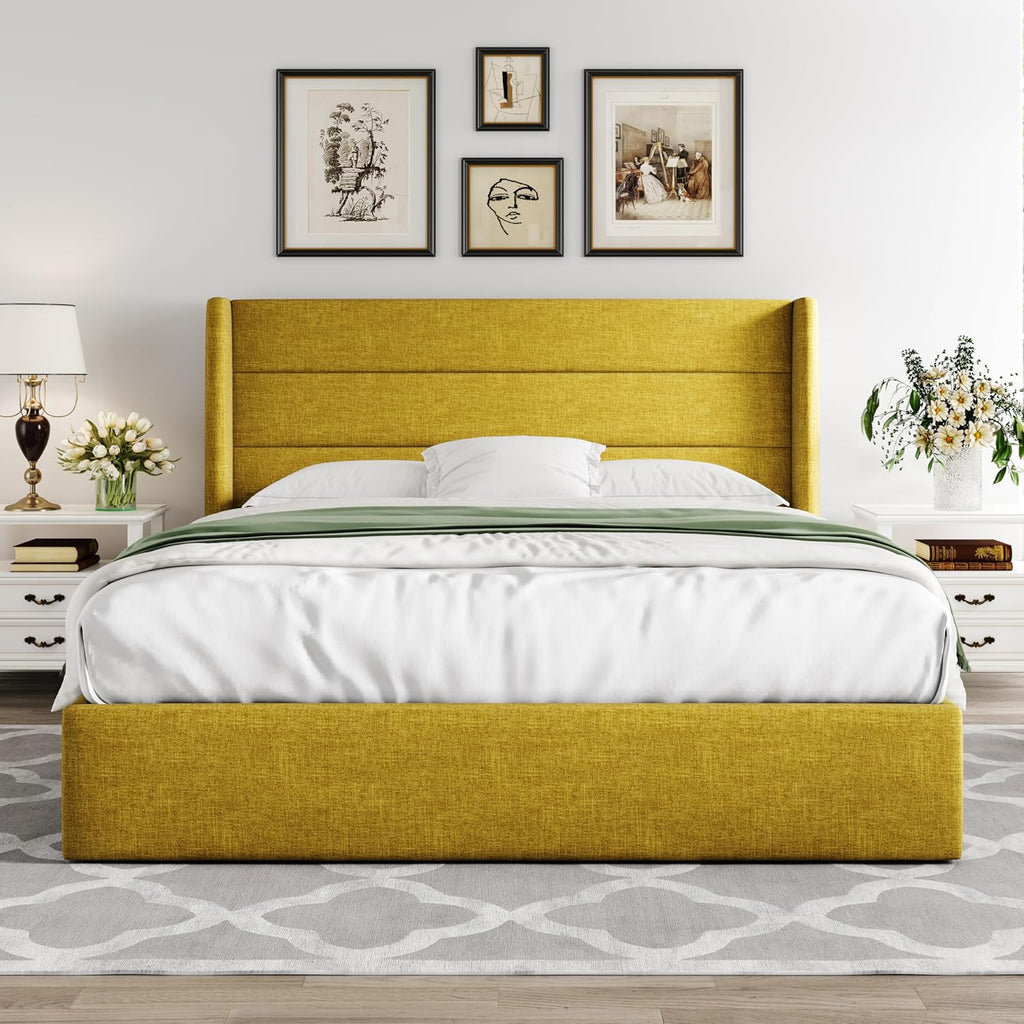 Allewie Queen Size Lift Up Storage Bed Modern Wingback Headboard Hydraulic Support