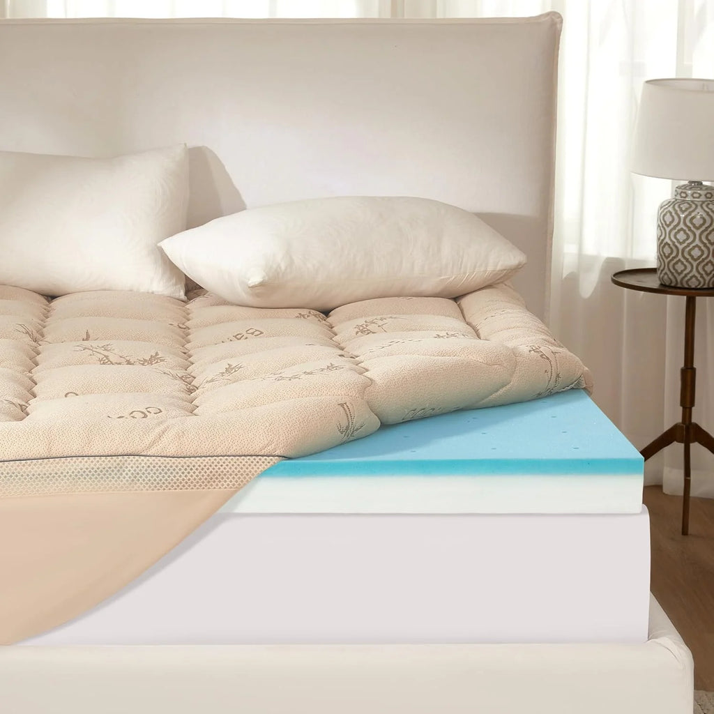 BEDLORE 4 Inch Memory Foam Mattress Topper King,2-in-1 Dual Layer Design (2 Gel Memory Foam + 2 Plush Pillow Top Cover) Mattress Topper Medium-Firm,Pressure Relief & Back Pain Support(Dark Gray)
