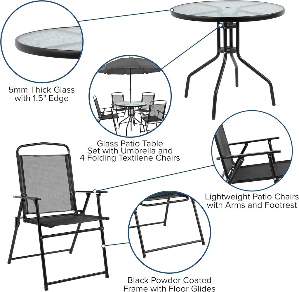 EMMA + OLIVER 6 Piece Brown Patio Garden Set with Umbrella Table Set of 4 Folding Chairs