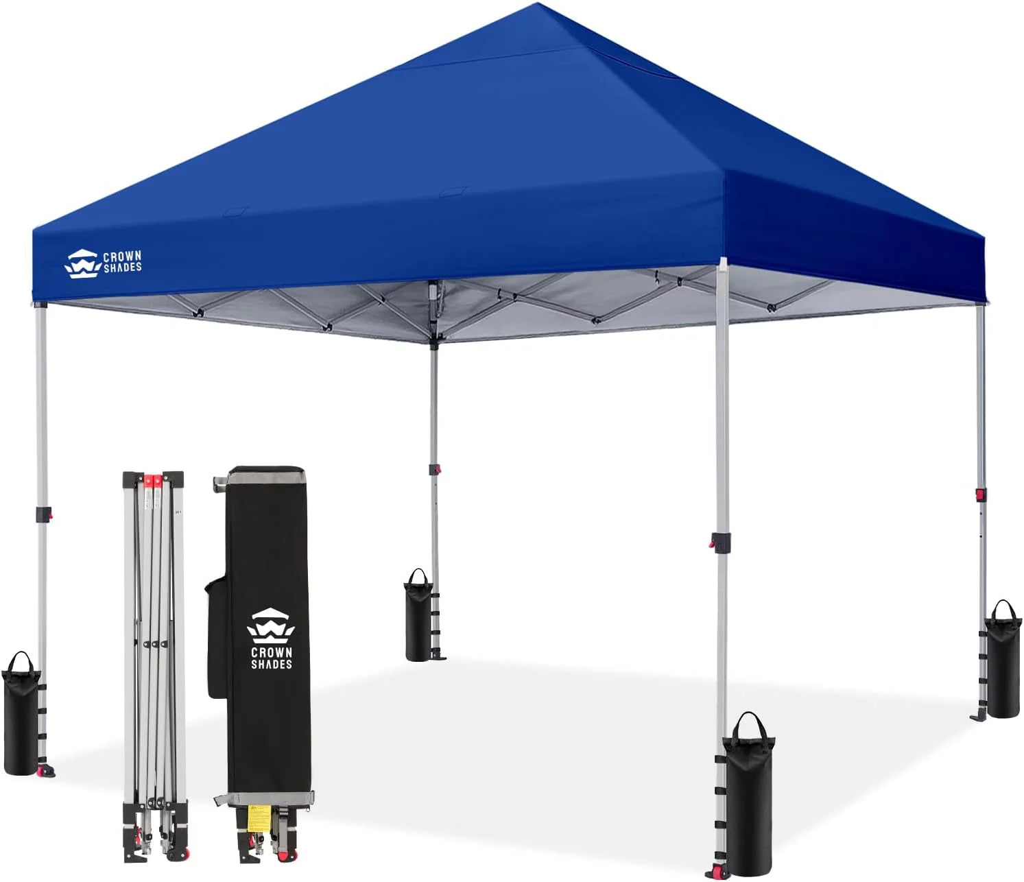 Crown Shades 10x10 Pop Up Canopy - Beach Tent with One Push Setup - Outdoor Sun Shade for Events, Parties, Camping - Gazebo with STO-N-Go Cover Bag, Silver Coated Top, 3 Height& 4 Sand Bags, Yellow