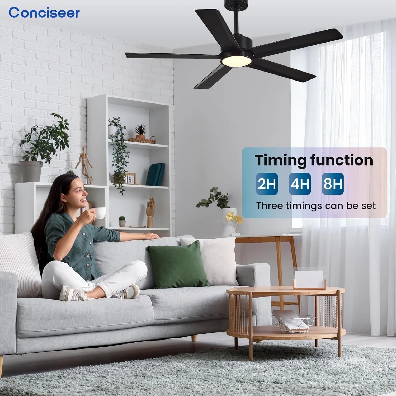 Modern Ceiling Fans with Lights, 72 Inch Ceiling Fan with Light and Remote, Bedroom Living Room Library Cafe Outdoor/Industrial,24W 3CCT Dimmable, 8 Blades 6 Speed Reversible Quiet DC Motor, Black