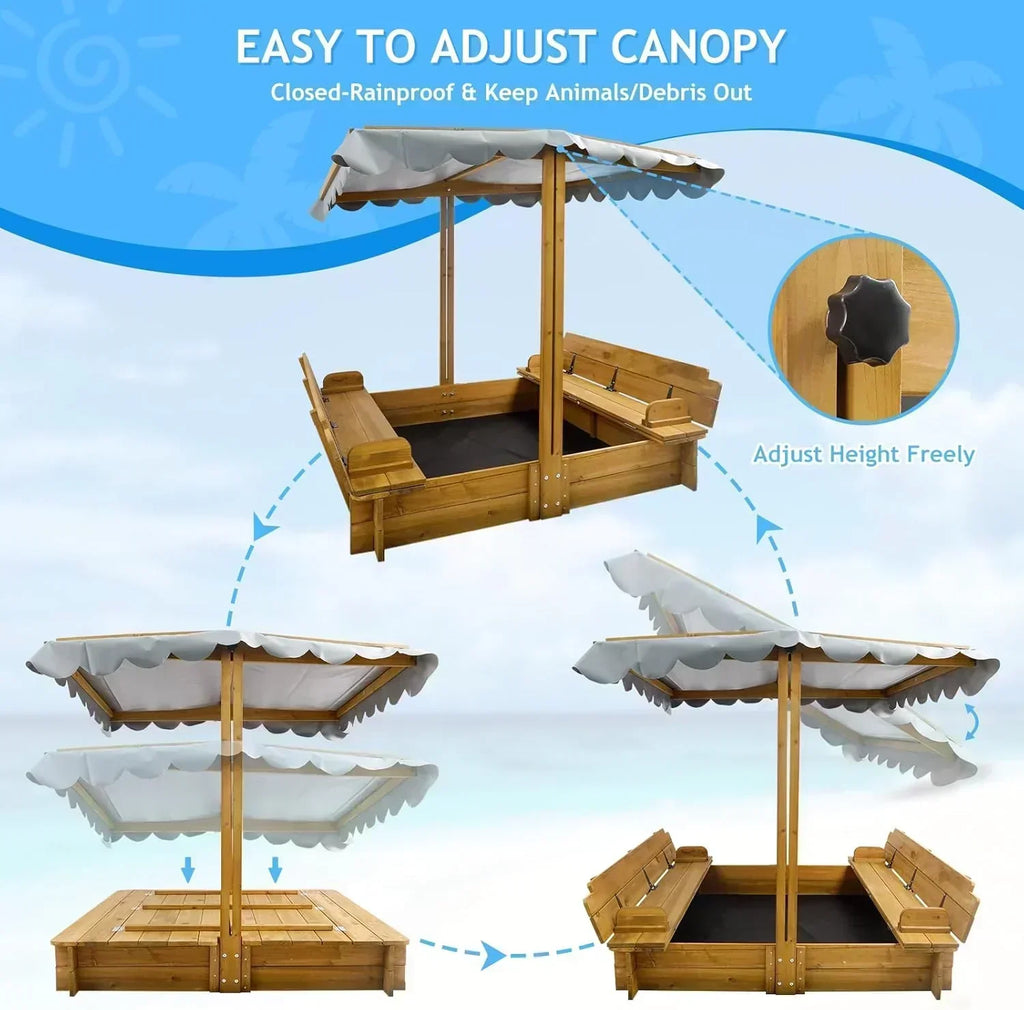 Kids Sandbox with Lid Wooden Sand Box Cover Outdoor UV-Protection Natural Wood Foldable Bench Seat