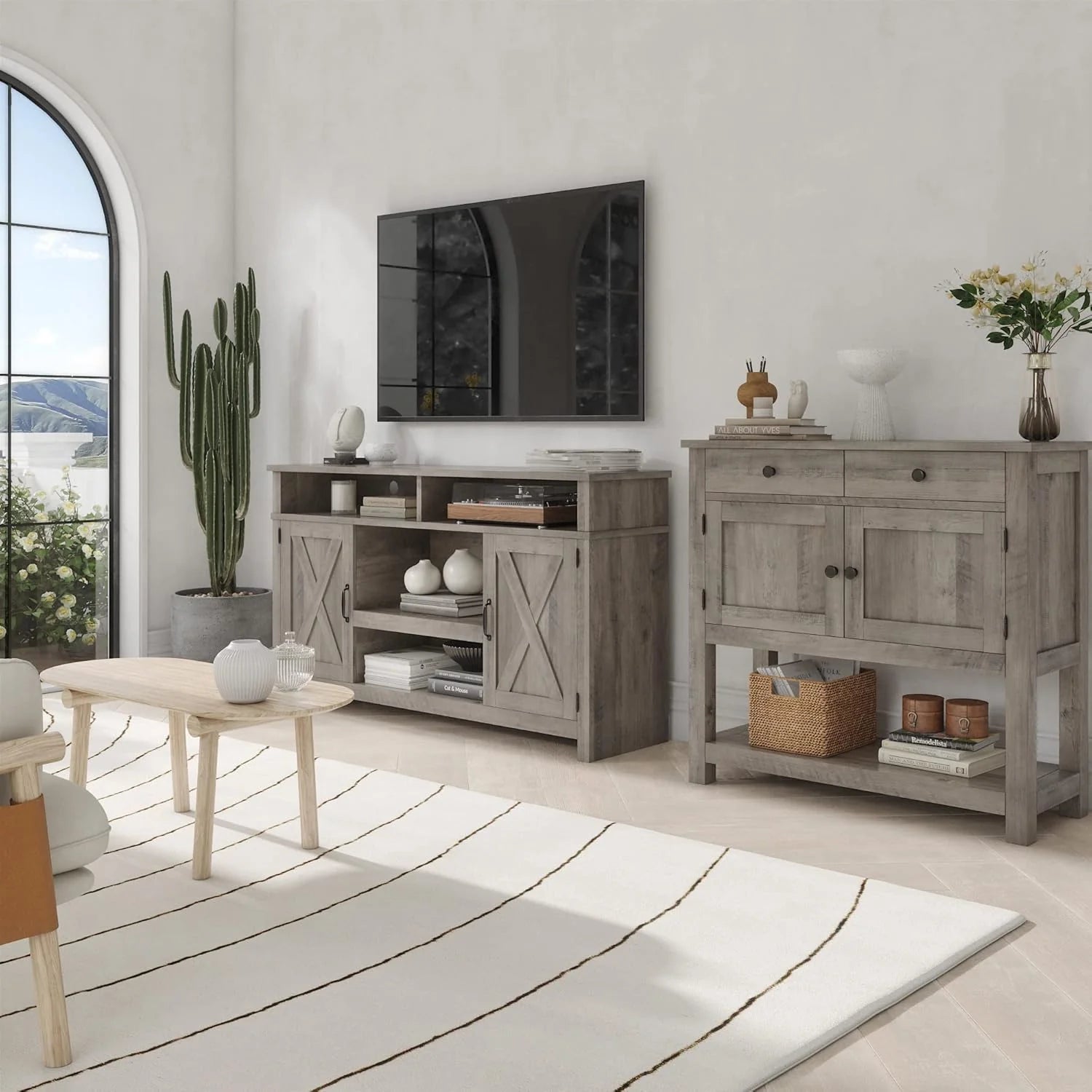 HOSTACK Farmhouse Console Table with 2-Door Cabinet & 2 Drawers, Coffee Bar, Entryway Table with Storage Shelf, Sofa Tables Buffet Sideboard for Kitchen, Hallway, Dining, Living Room, Rustic Brown