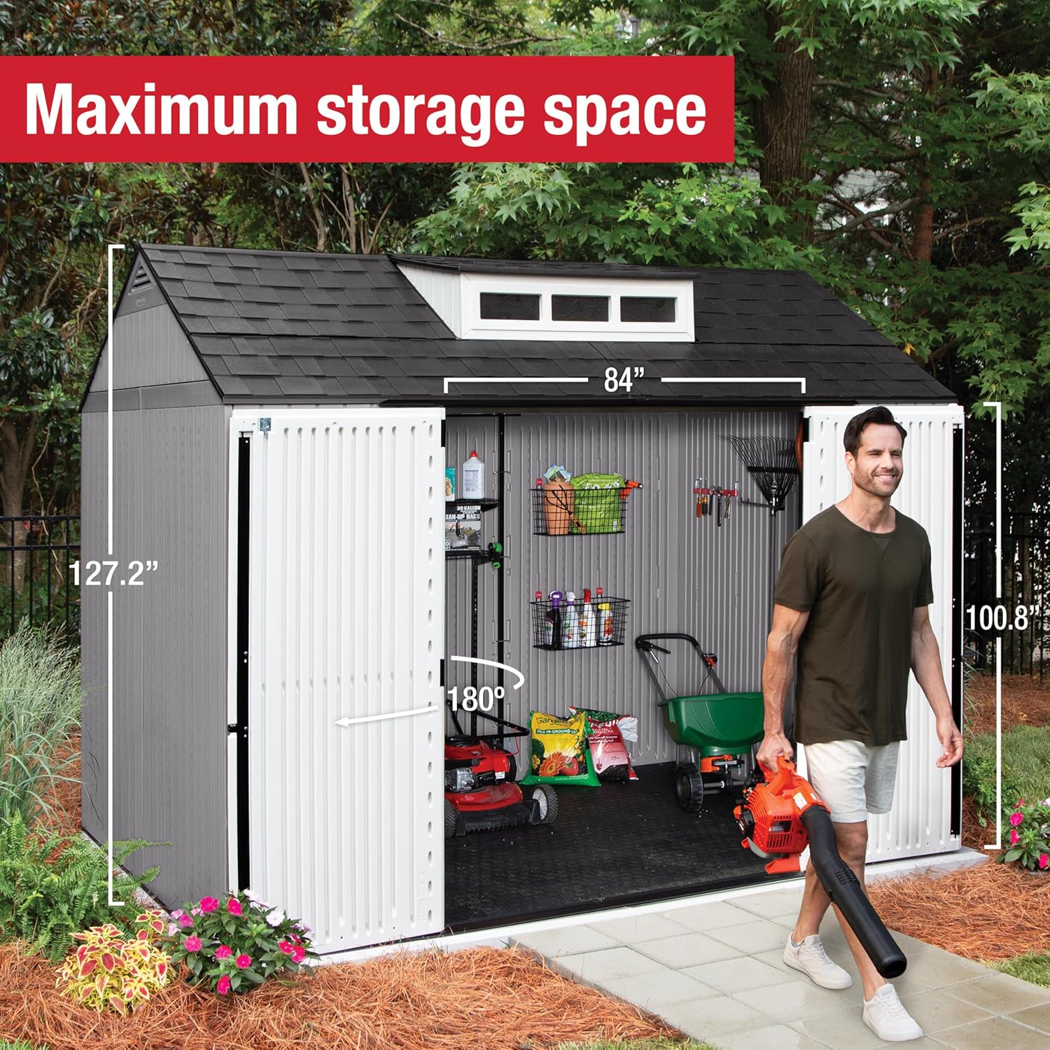 Rubbermaid Resin Outdoor Storage Shed With Floor (7 x 7 Ft) Weather Resistant Gray Organization for Home/Backyard/Garden Tools/Lawn Mower/Bike Storage/Pool Supplies