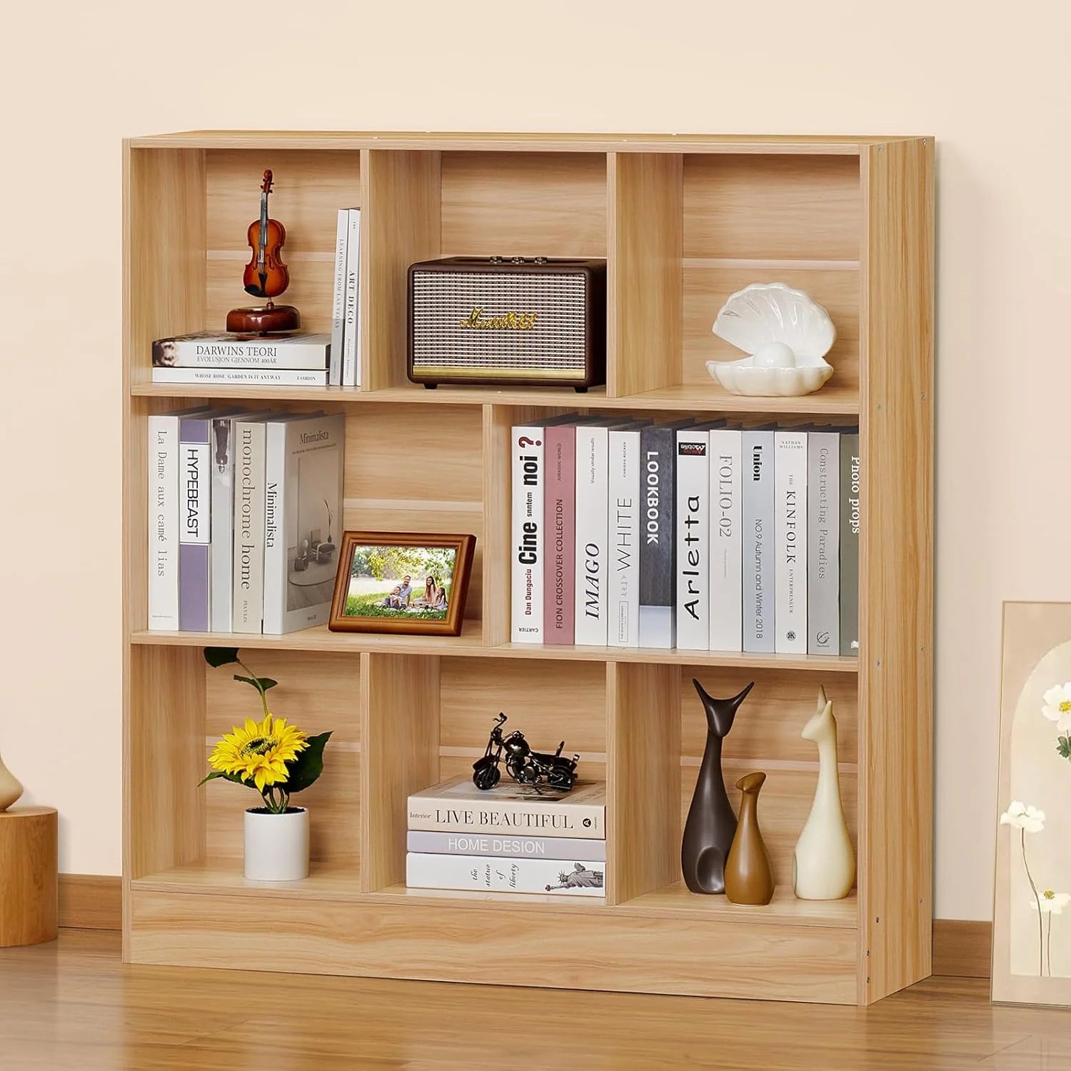 LEYAOYAO Wooden 7 Cube Book Shelf Natural Bookshelf Legs Modern Open Storage Organizer