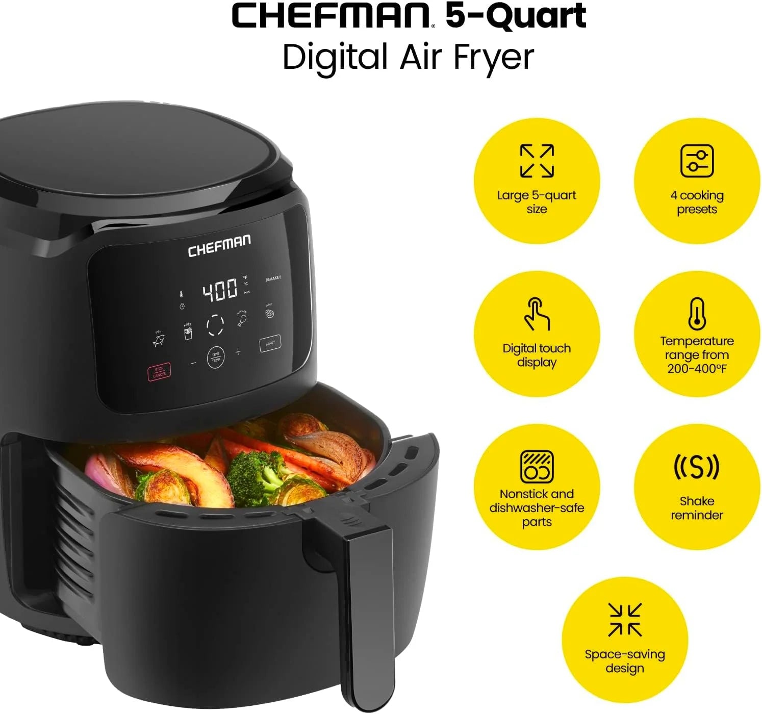 Chefman 6-Quart Double Basket Air Fryer with Easy View Window uses two separate 3-quart nonstick pans.