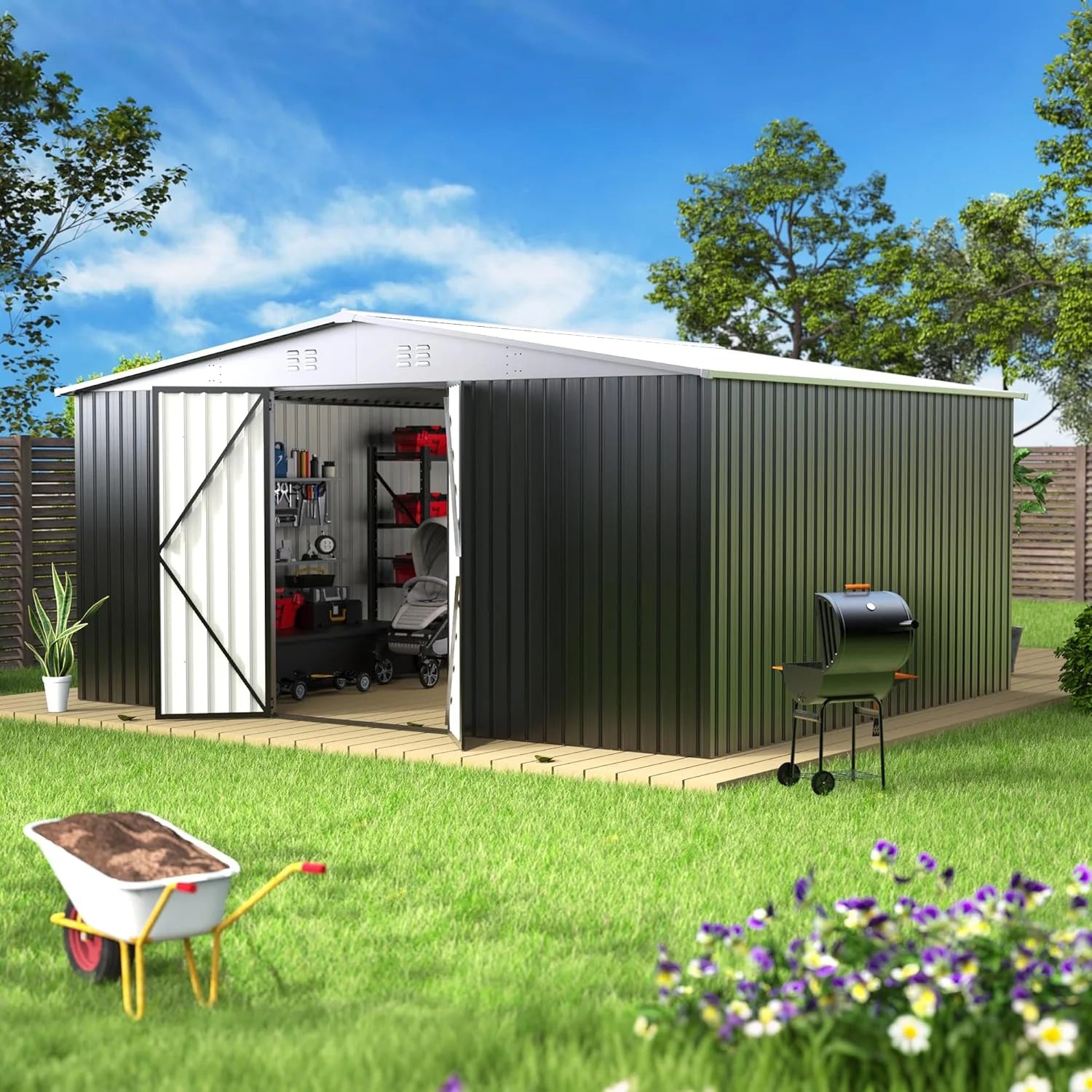 EASYHAWK 14 x 12FT Outdoor Storage Shed Metal Waterproof Storage Shed Steel Utility Garden