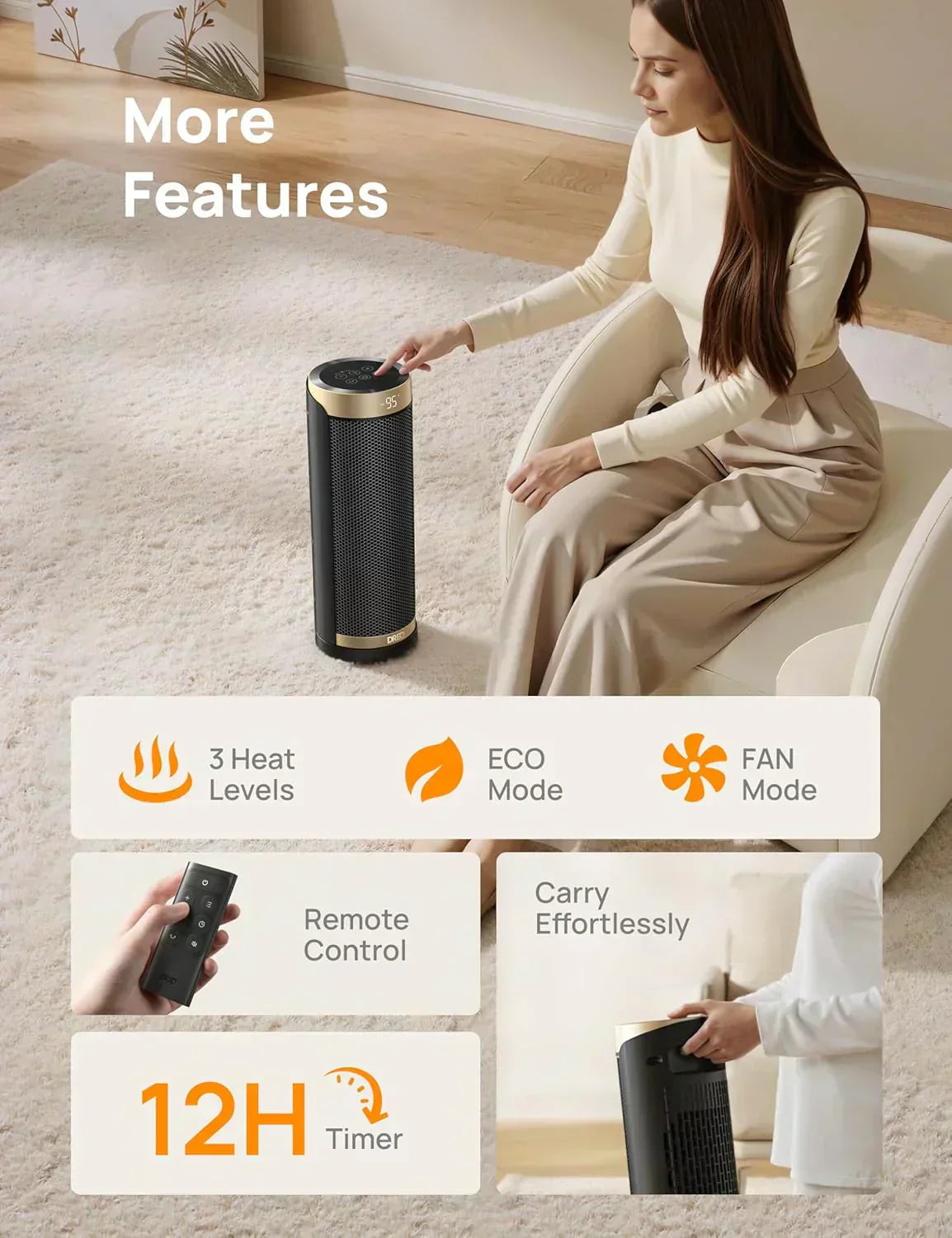 Space Heater 1500W Electric Indoor Heater with Thermostat Quiet Portable Heater