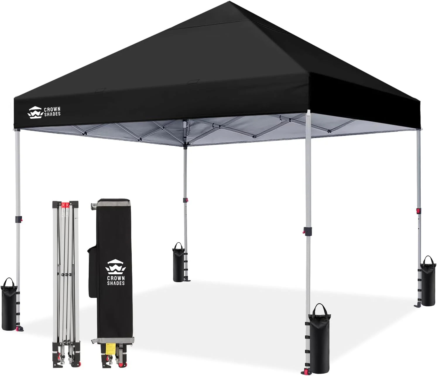Crown Shades 10x10 Pop Up Canopy - Beach Tent with One Push Setup - Outdoor Sun Shade for Events, Parties, Camping - Gazebo with STO-N-Go Cover Bag, Silver Coated Top, 3 Height& 4 Sand Bags, Yellow