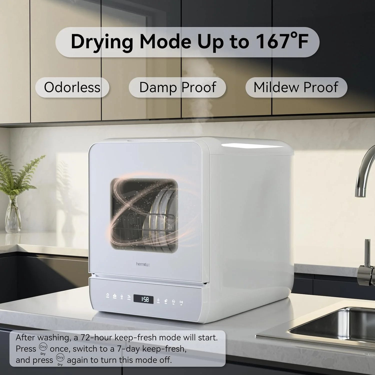 Hermitlux Countertop Dishwasher, 7 Washing Programs Portable Mini Dishwasher with 5-Liter Built-in Water Tank for Apartments & RVs, LED Light, Glass Door, No Hookup Needed