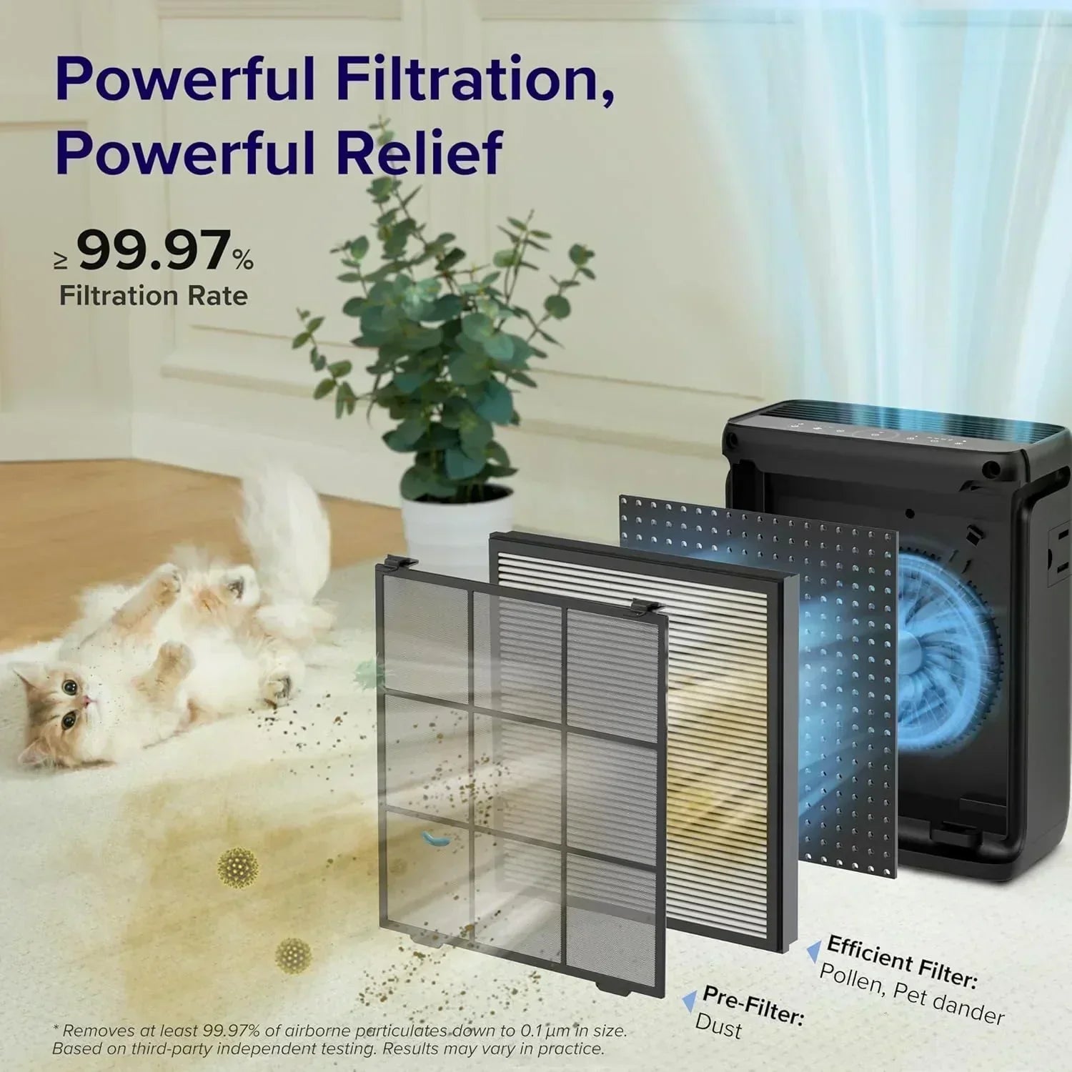 Large-room air purifier for home use with air quality monitor washable pre-filter