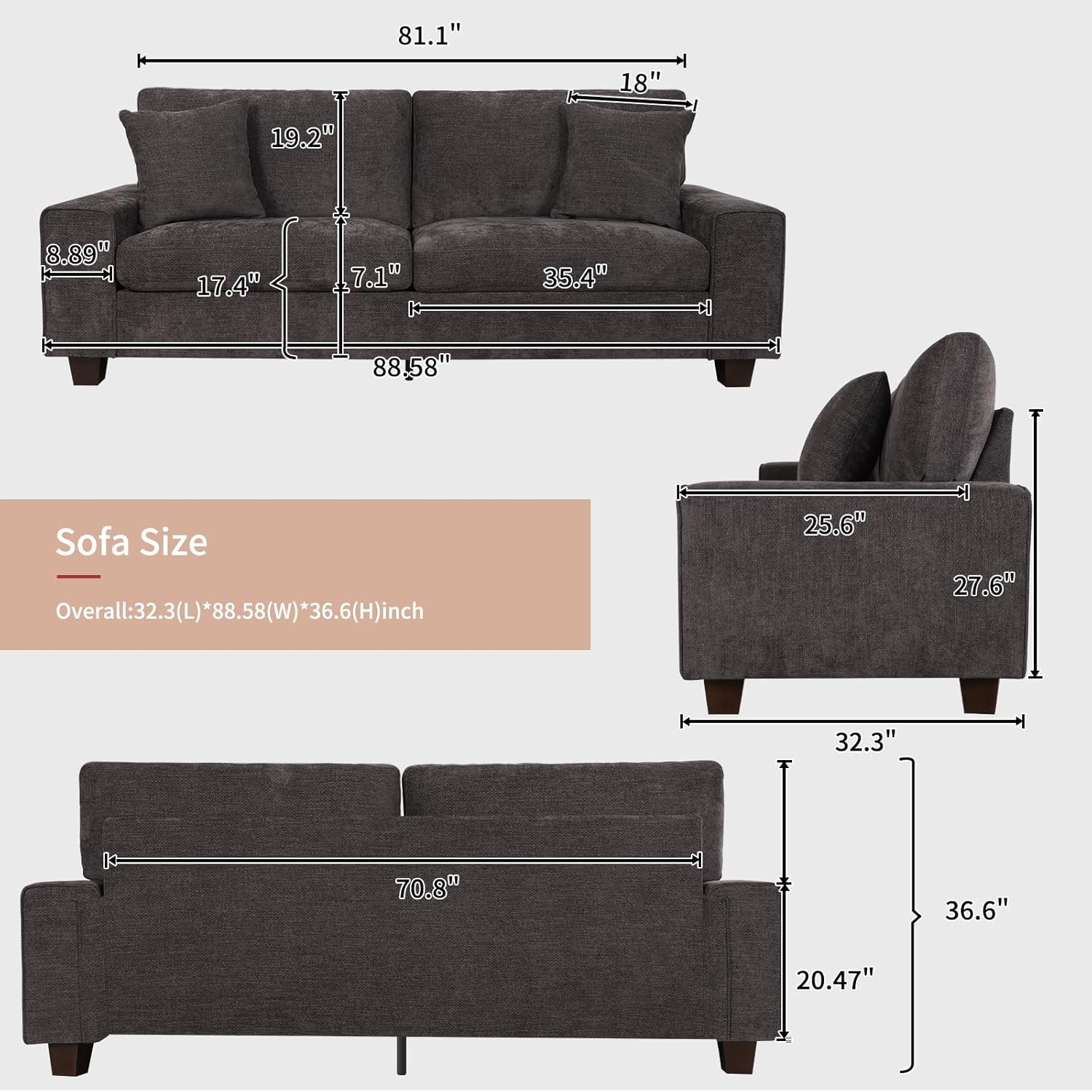 DOPEDIO living room double sofa chenille lounge chair removable solid wood frame