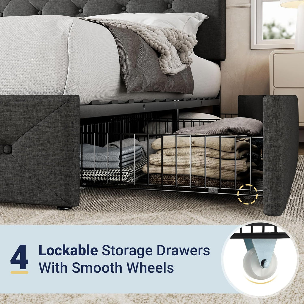 Allewie Upholstered Queen Size Platform Bed Frame with 4 Storage Drawers and Headboard
