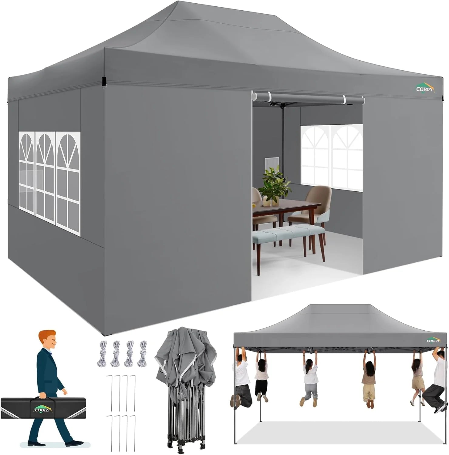 COBIZI 10x20 Heavy Duty Pop up Canopy Tent with 6 sidewalls Easy Up Commercial Outdoor Canopy Wedding Party Tents for Parties All Season Wind & Waterproof Gazebo with Roller Bag,Black(Frame Thickened)
