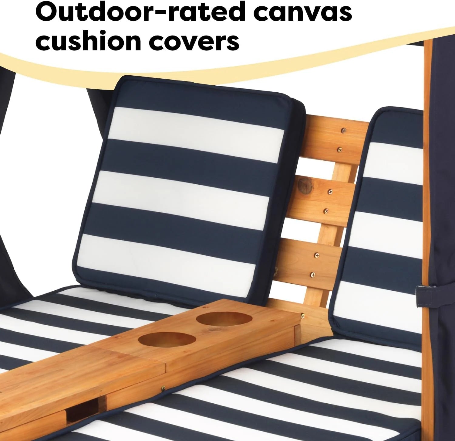 KidKraft Wooden Outdoor Double Chaise Lounge with Cup Holders, Kid's Patio Furniture, Honey with Navy and White Striped Fabric, Gift for Ages 3-8