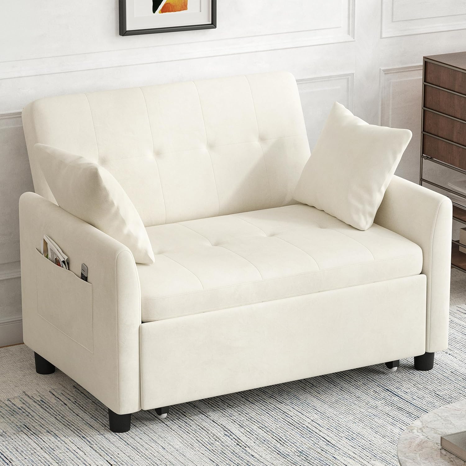 Sleeper Sofa Bed, 3 in 1 Convertible Sleeper Couch Bed Pull Out, Small Loveseat Sofa, Futon Sofa Bed Full Size, 46 Velvet Love Seat