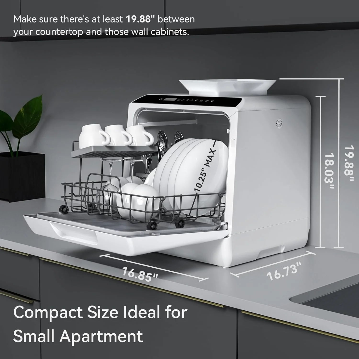 Hermitlux Countertop Dishwasher, 7 Washing Programs Portable Mini Dishwasher with 5-Liter Built-in Water Tank for Apartments & RVs, LED Light, Glass Door, No Hookup Needed