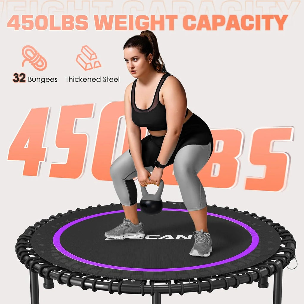 BCAN 450/550 LBS Foldable Mini Trampoline, 40/48 Fitness Trampoline with Bungees, U Shape Adjustable Foam Handle, Stable & Quiet Exercise Rebounder for Adults Indoor/Outdoor Workout