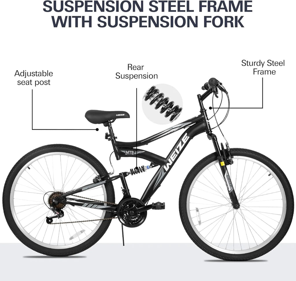 WEIZE Mountain Bike, 26 27.5 inch Outdoor Hybrid Bikes,18-Speed/High-Carbon Steel/Dual Full Suspension, Adjustable Ergonomic Seat for Men Women Adult, MTB Bicycle with Suspension Fork,Sleek Colors