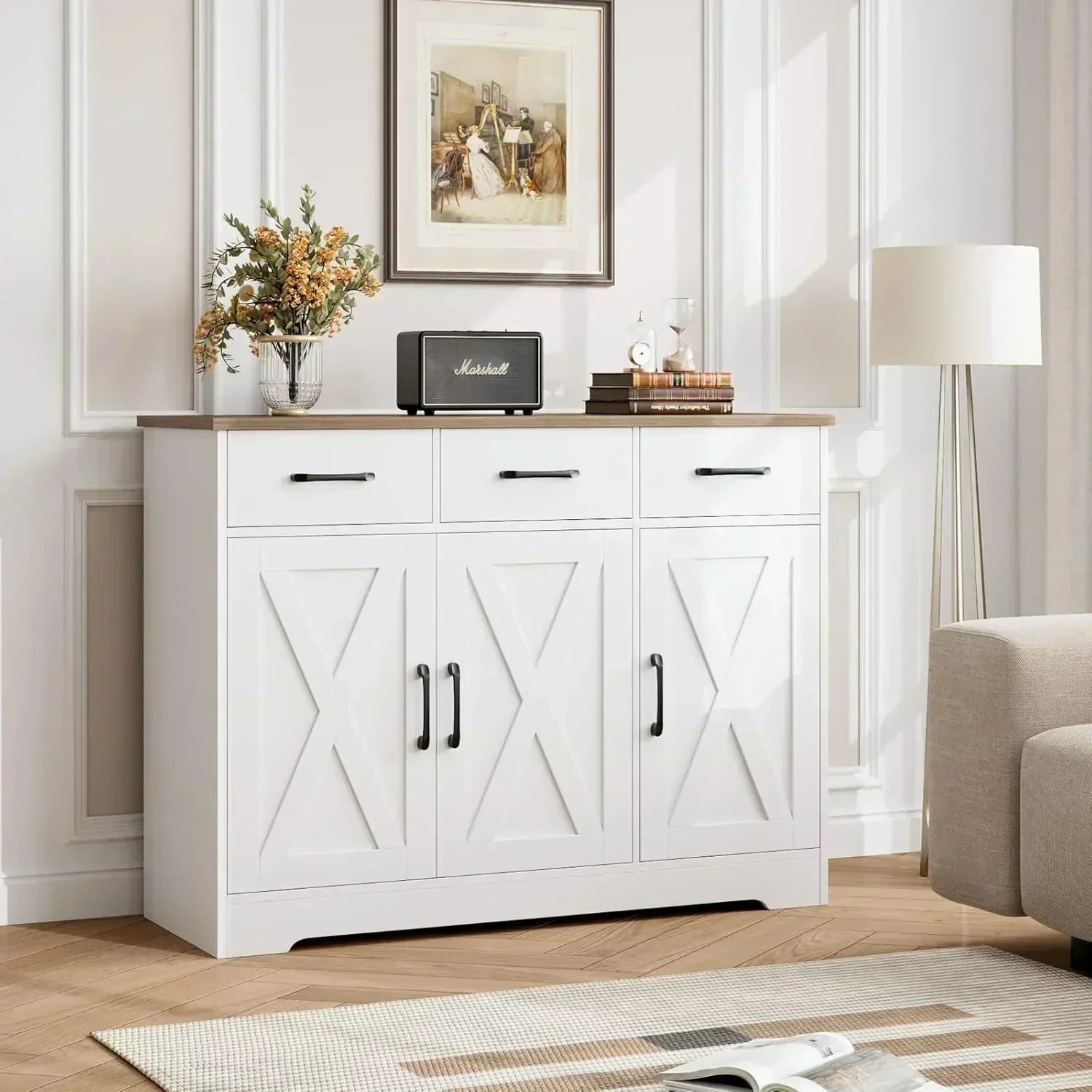 Modern farmhouse sideboard barn door buffet storage cabinet with drawers and shelves