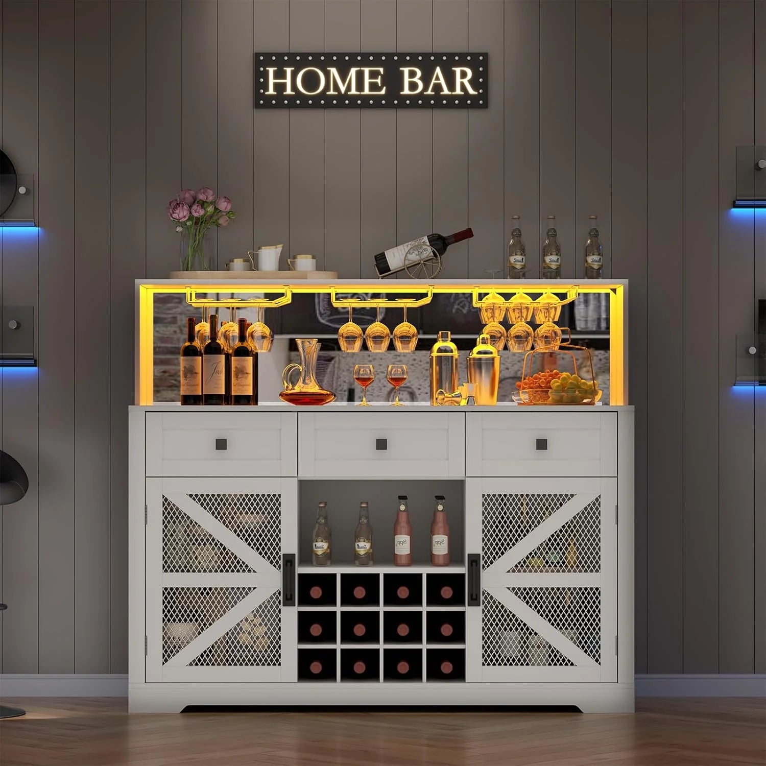 Wine Bar Cabinet with LED Light, Liquor Cabinet with Glass Holder, Coffee Bar for Liquor, Storage Buffet with Wine Racks, Wine Cabinet