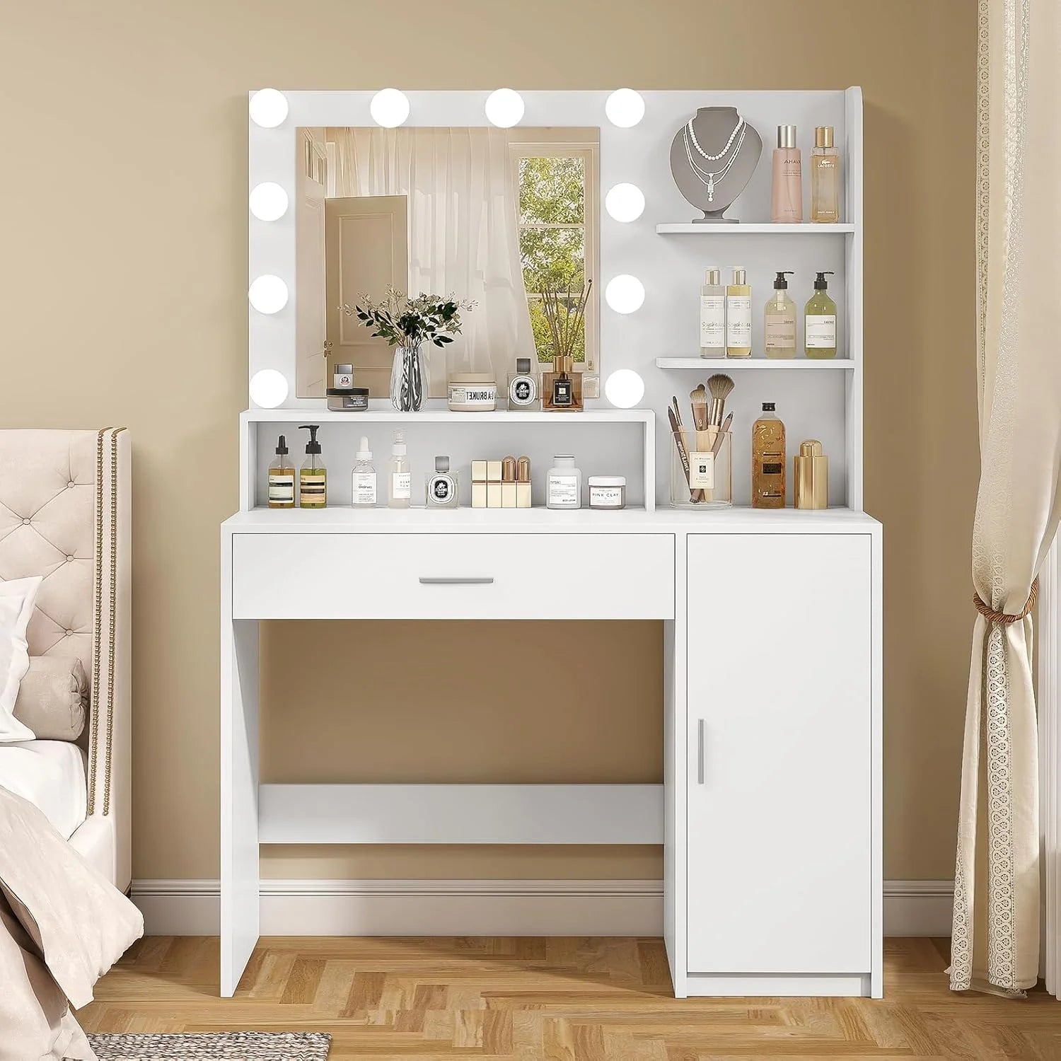 Quimoo Vanity Desk with Mirror & Lights, Makeup Vanity with 5 Drawers & Storage Shelves