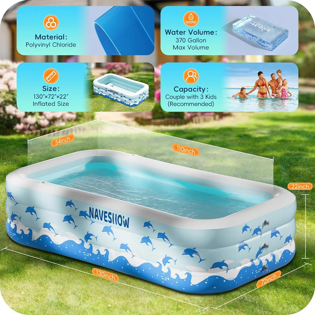 Inflatable Swimming Pool with Seats, 130 x 72 x 22 Full-Sized Durable PVC Thickened Above Ground Family Blow Up Pool for Outdoor Summer Water Party Backyard Garden Lawn