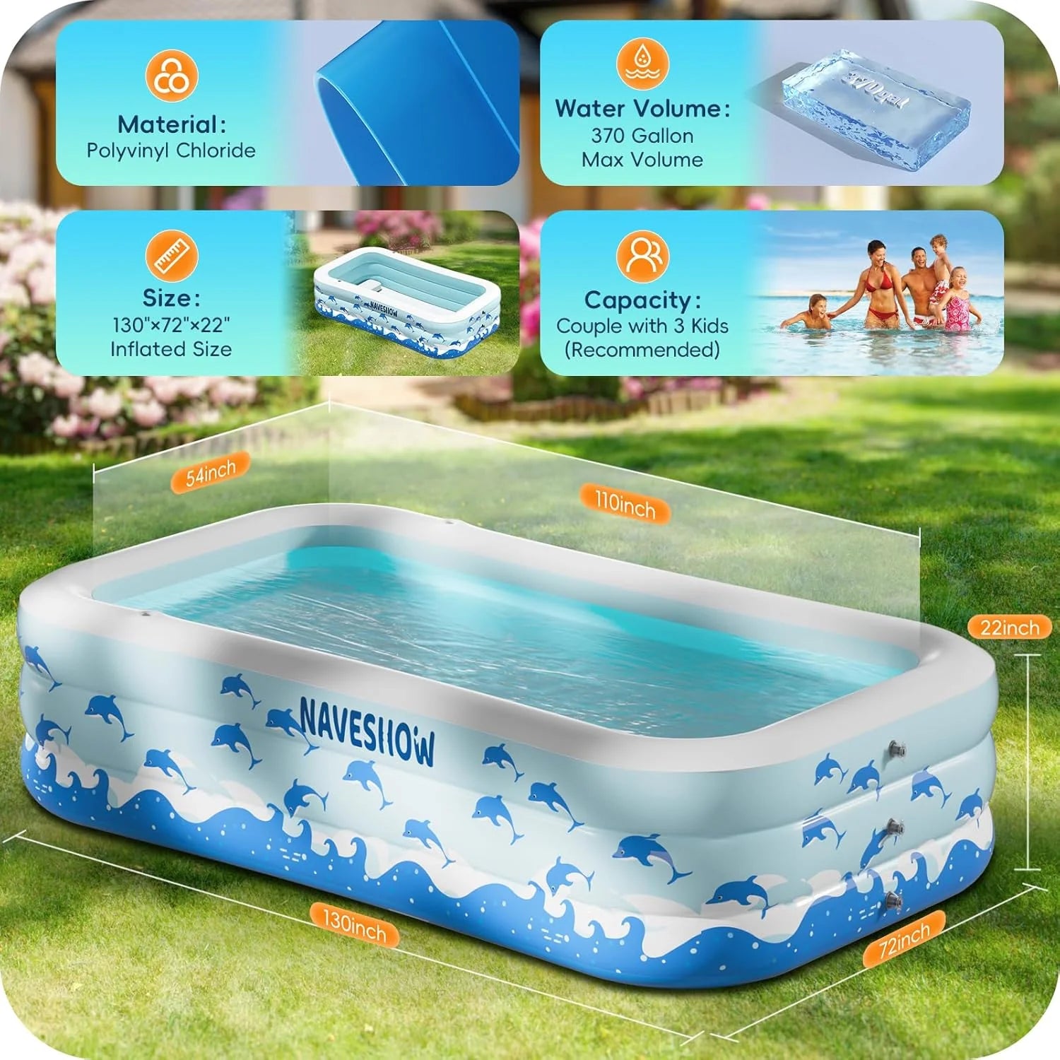 Inflatable Swimming Pool with Seats, 130 x 72 x 22 Full-Sized Durable PVC Thickened Above Ground Family Blow Up Pool for Outdoor Summer Water Party Backyard Garden Lawn