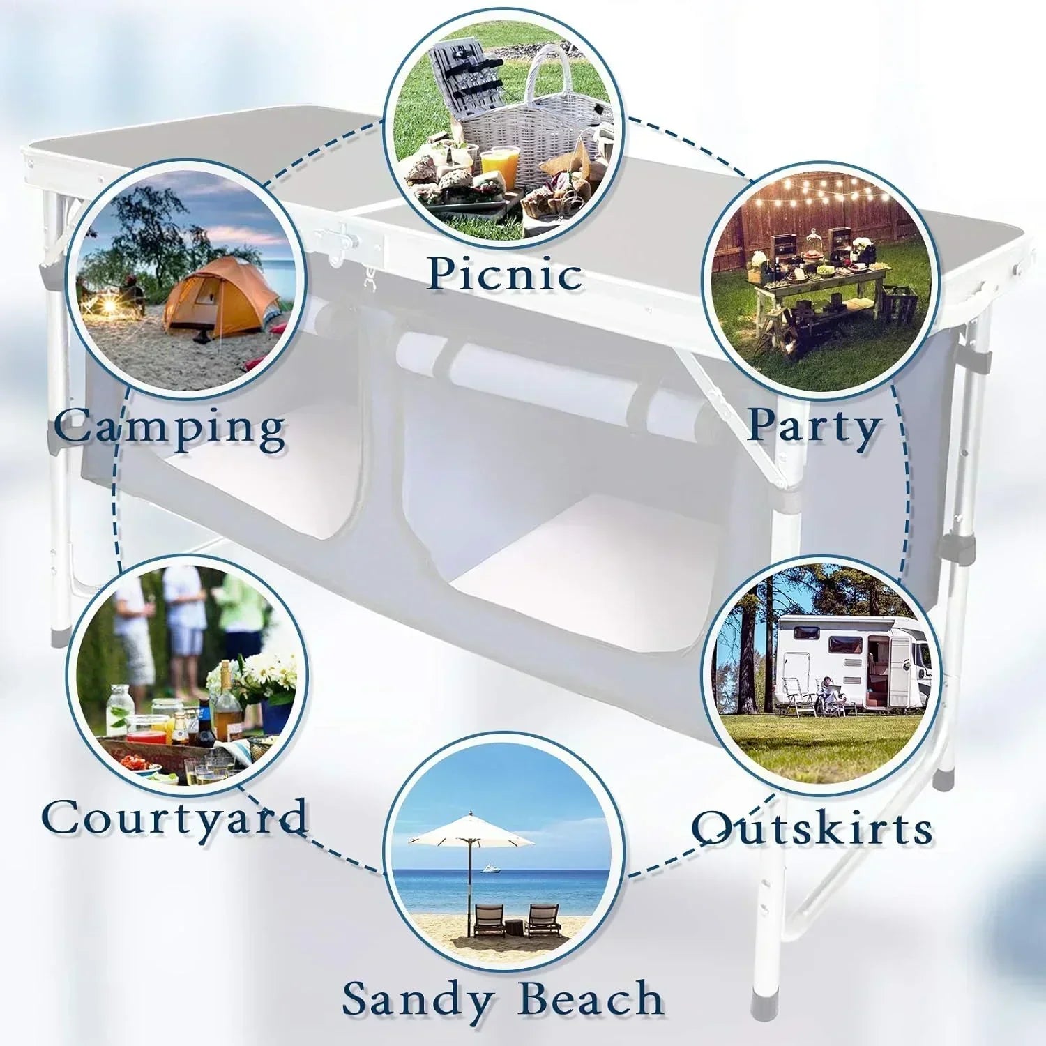 Outdoor Folding Table Aluminum Lightweight Height Adjustable with Storage Organizer