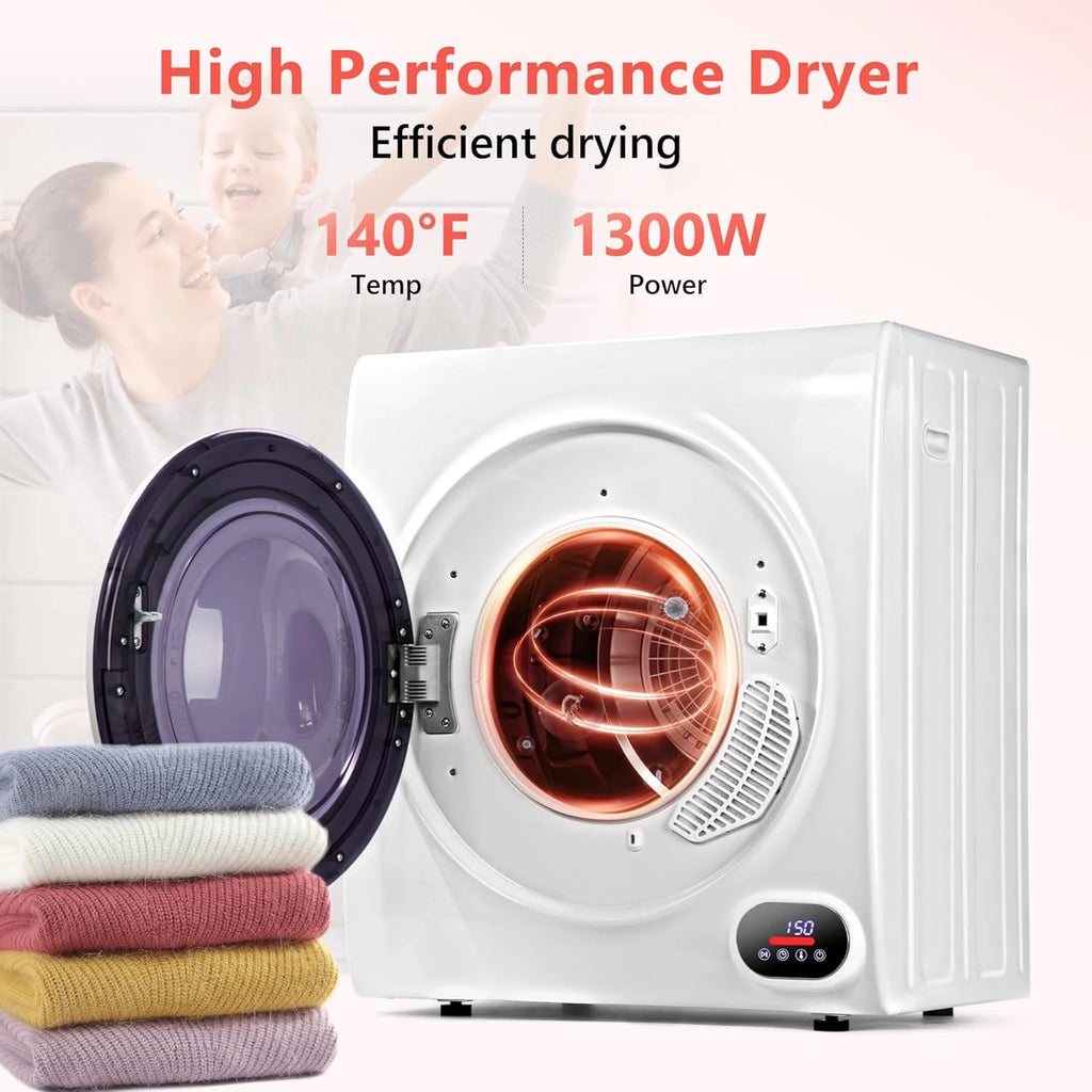 Compact Laundry Dryer, 3.5 cu ft Front Load Stainless Steel Clothes Dryers With Exhaust Pipe, 1500W, LCD Control Panel Four-Function Portable Dryer For Apartments, Home, Dorm, White