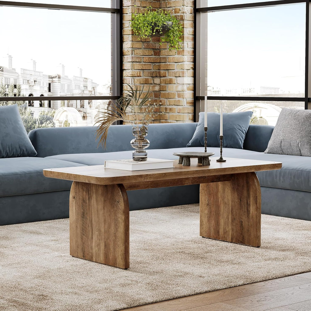 LITTLE TREE Farmhouse Coffee Table 47 Inch Round Corner Wood Center Table Rectangular