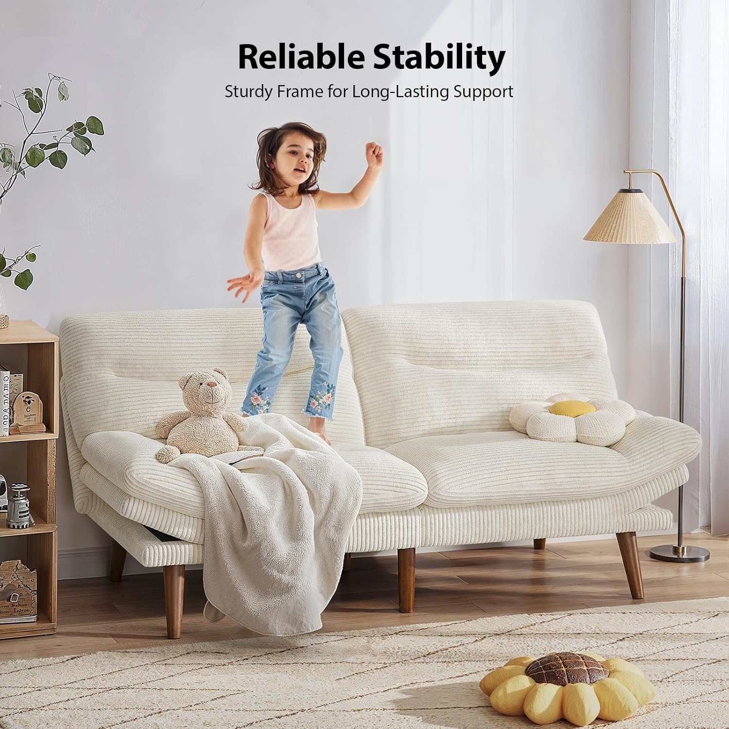 Pipishell Convertible Futon Sofa Bed,66 Corduroy Futon Couch with Adjustable Backrest and Armrests, Recliner Sleeper Sofa for Small Spaces, Play Room or Office, Grey