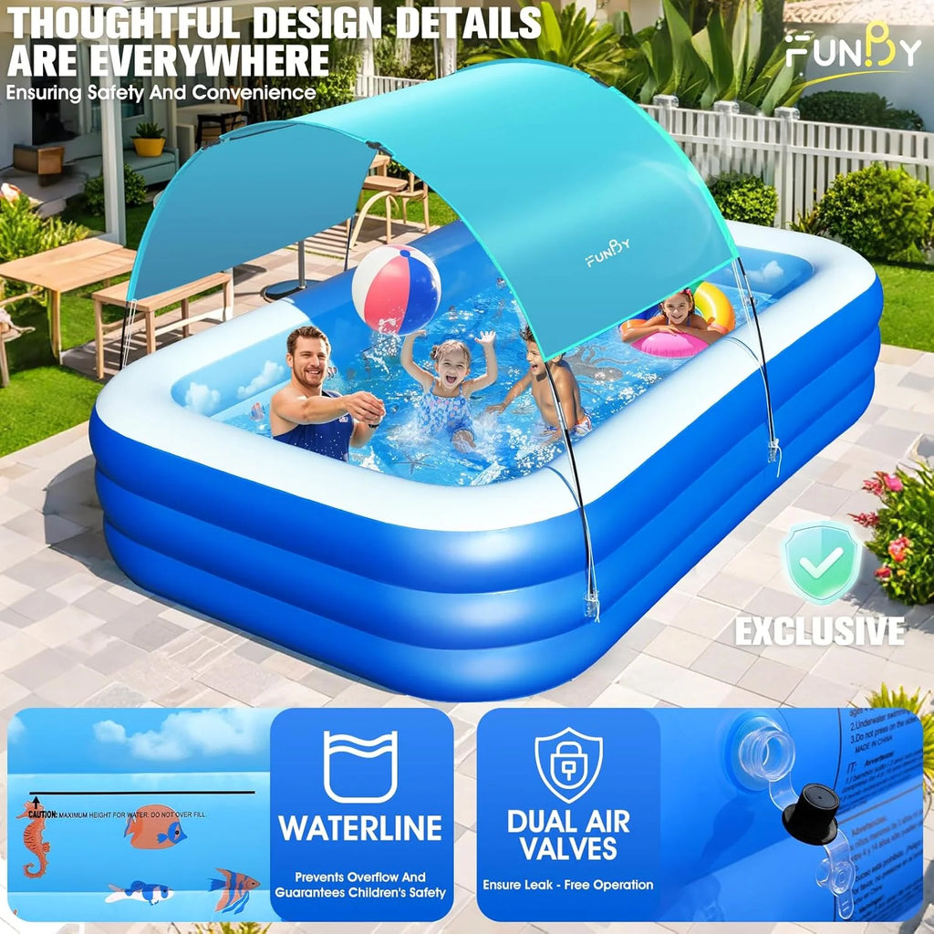 Inflatable Pool with Canopy,Upgraded Inflatable Swimming Pool for Kids,Adult,Large Inflatable Blow up Pools,Ocean Theme Oversized Thickened 105x75x25Inflatable Family Pools for Backyard-Blue