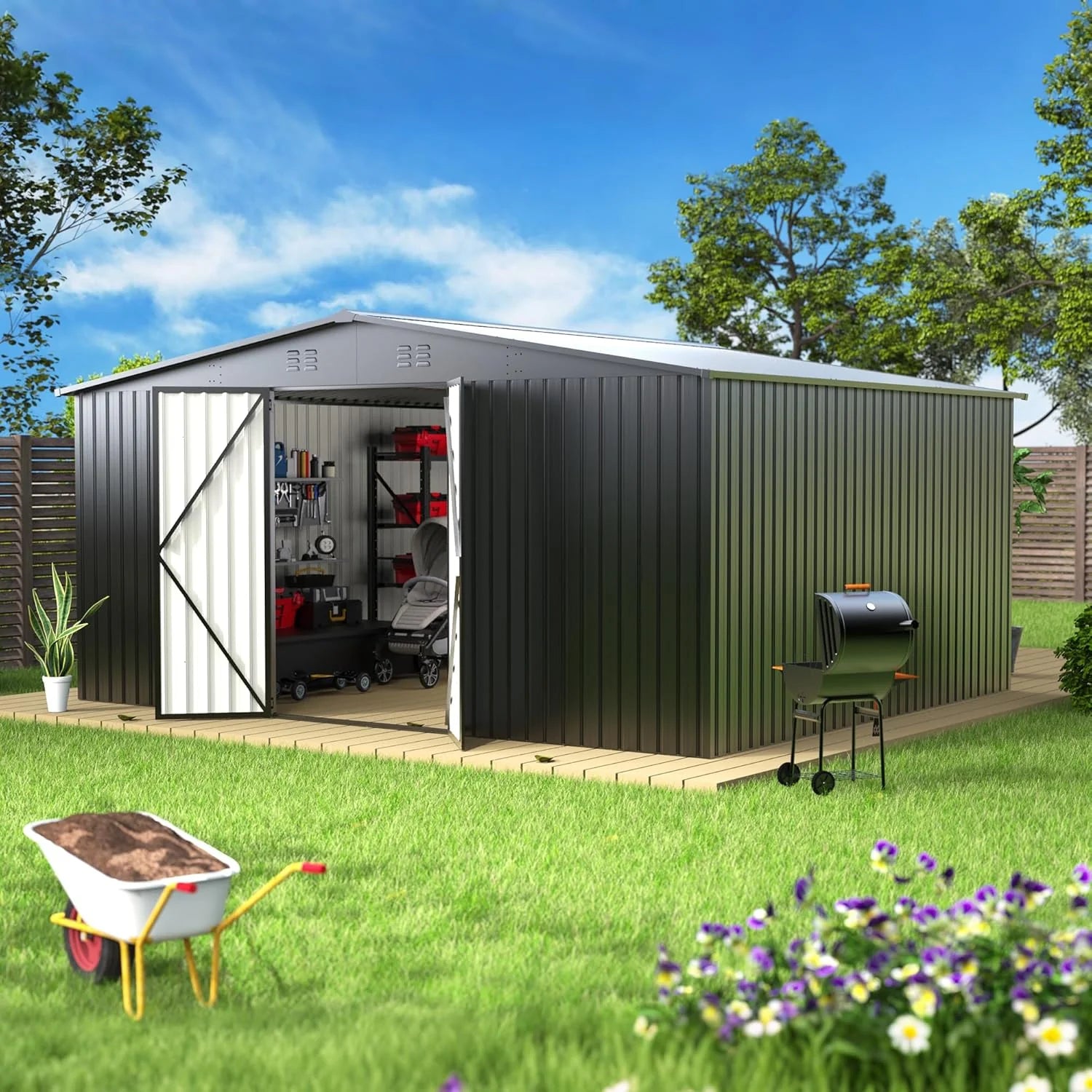EASYHAWK 14 x 12FT Outdoor Storage Shed Metal Waterproof Storage Shed Steel Utility Garden