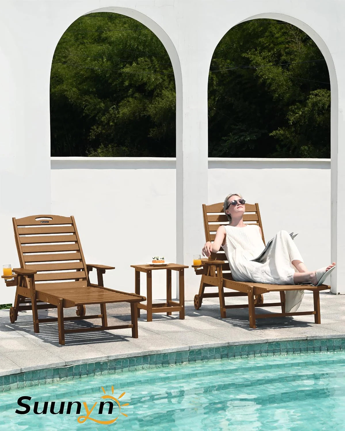 Lounge Chair Outdoor, Chaise Lounge, HDPE 6-Position Outdoor Chaise Lounge, Patio Lounge Chair with Wheels & Cup Holder for Pool Poolside Deck Backyard, Teak