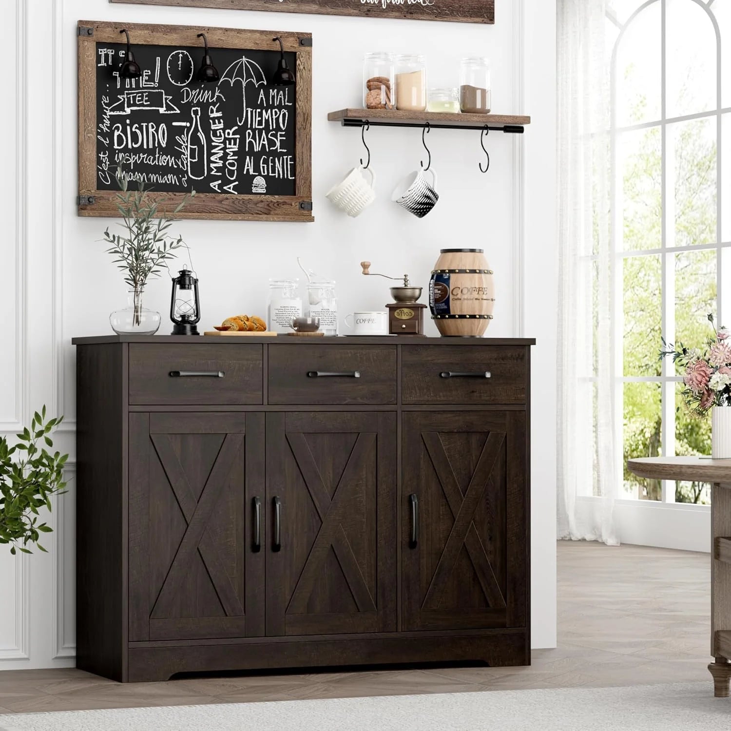Modern farmhouse sideboard, barn door buffet storage cabinet with drawers and shelves, wooden coffee bar with storage