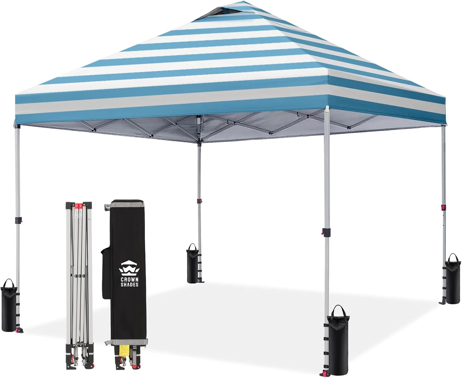 Crown Shades 10x10 Pop Up Canopy - Beach Tent with One Push Setup - Outdoor Sun Shade for Events, Parties, Camping - Gazebo with STO-N-Go Cover Bag, Silver Coated Top, 3 Height& 4 Sand Bags, Yellow