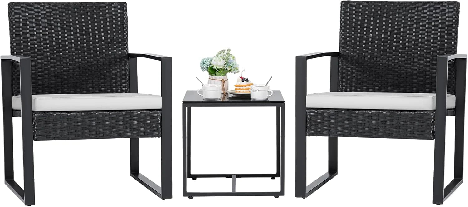Flamaker 3 Pieces Patio Set Outdoor Wicker Furniture Sets Modern Rattan Chair Conversation Sets with Coffee Table for Yard and Bistro (Black)