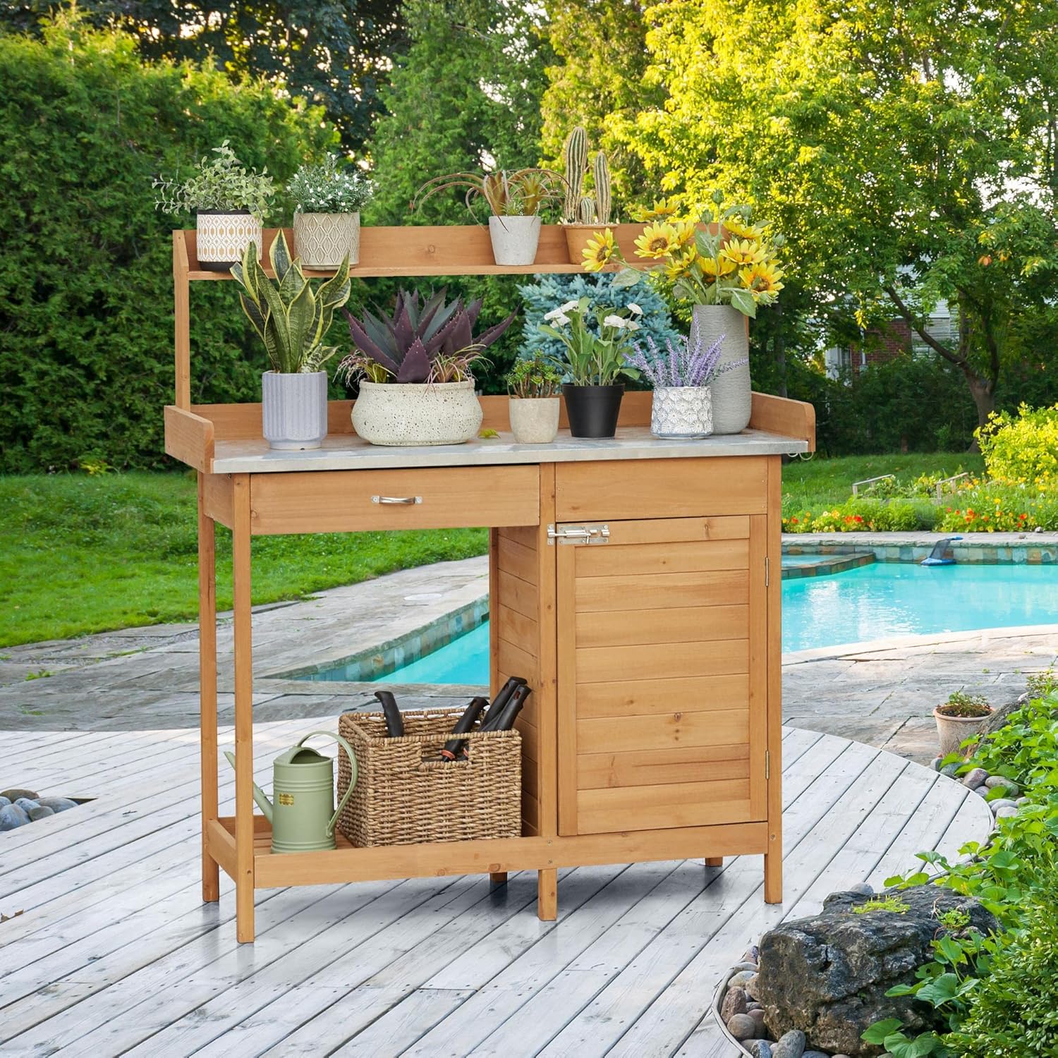 Yaheetech Outdoor Garden Potting Bench Table Work Bench Metal Tabletop Cabinet Drawer
