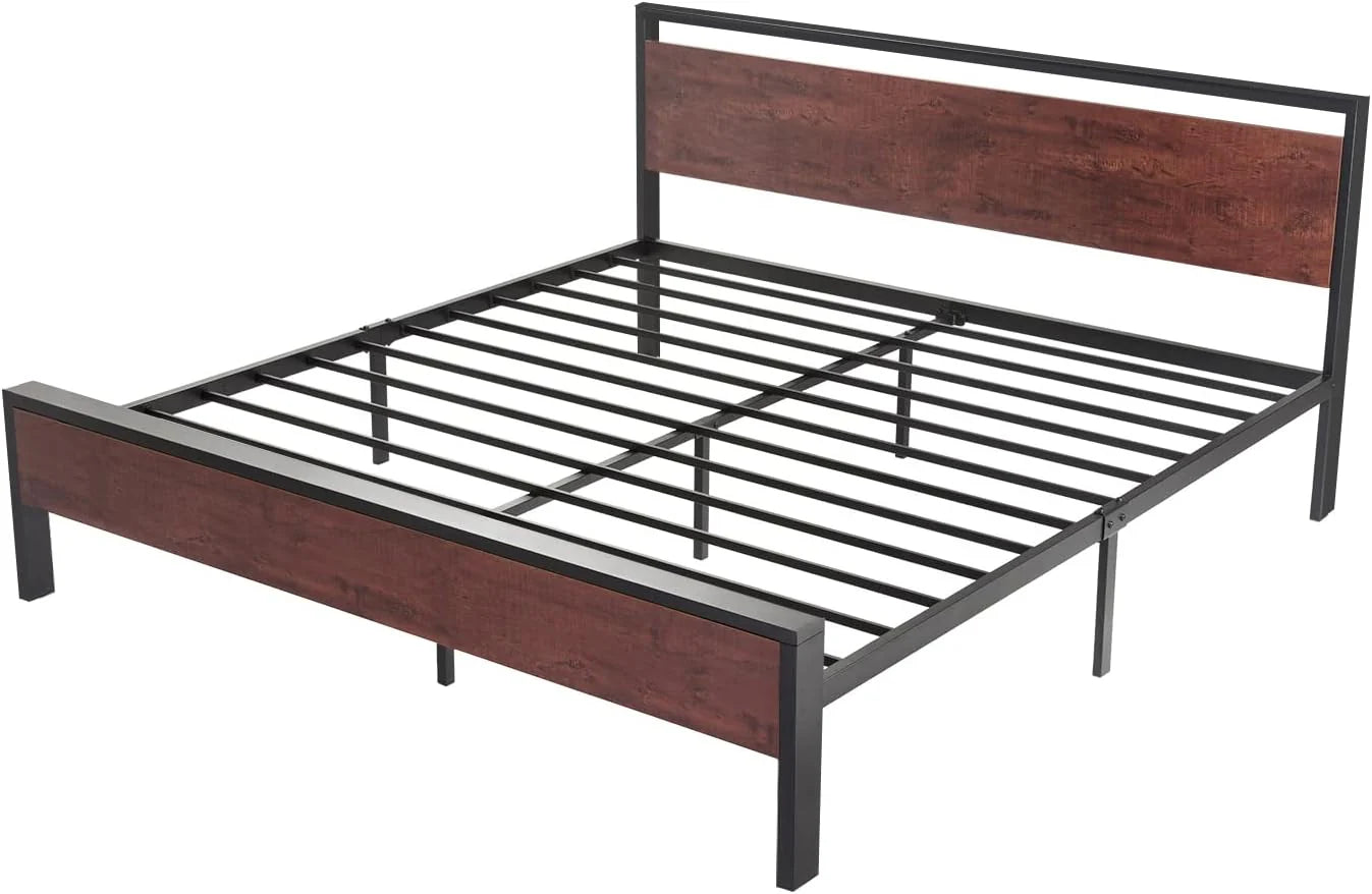 SHA CERLIN 14 Inch Full Size Metal Platform Bed Frame with Wooden Headboard and Footboard