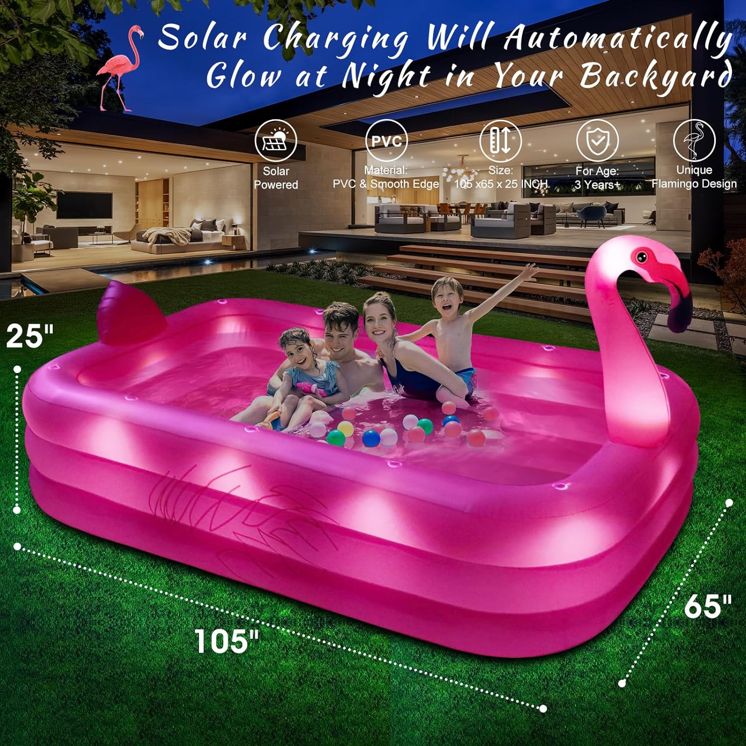Inflatable Pool with Lights, Solar Flamingo Swimming Pool for Kids,Adults Inflatable Blow up Pool, Large Kiddie Pool, Durable Thickened Inflatable Family Pool for Backyard,Outdoor,105x65x25