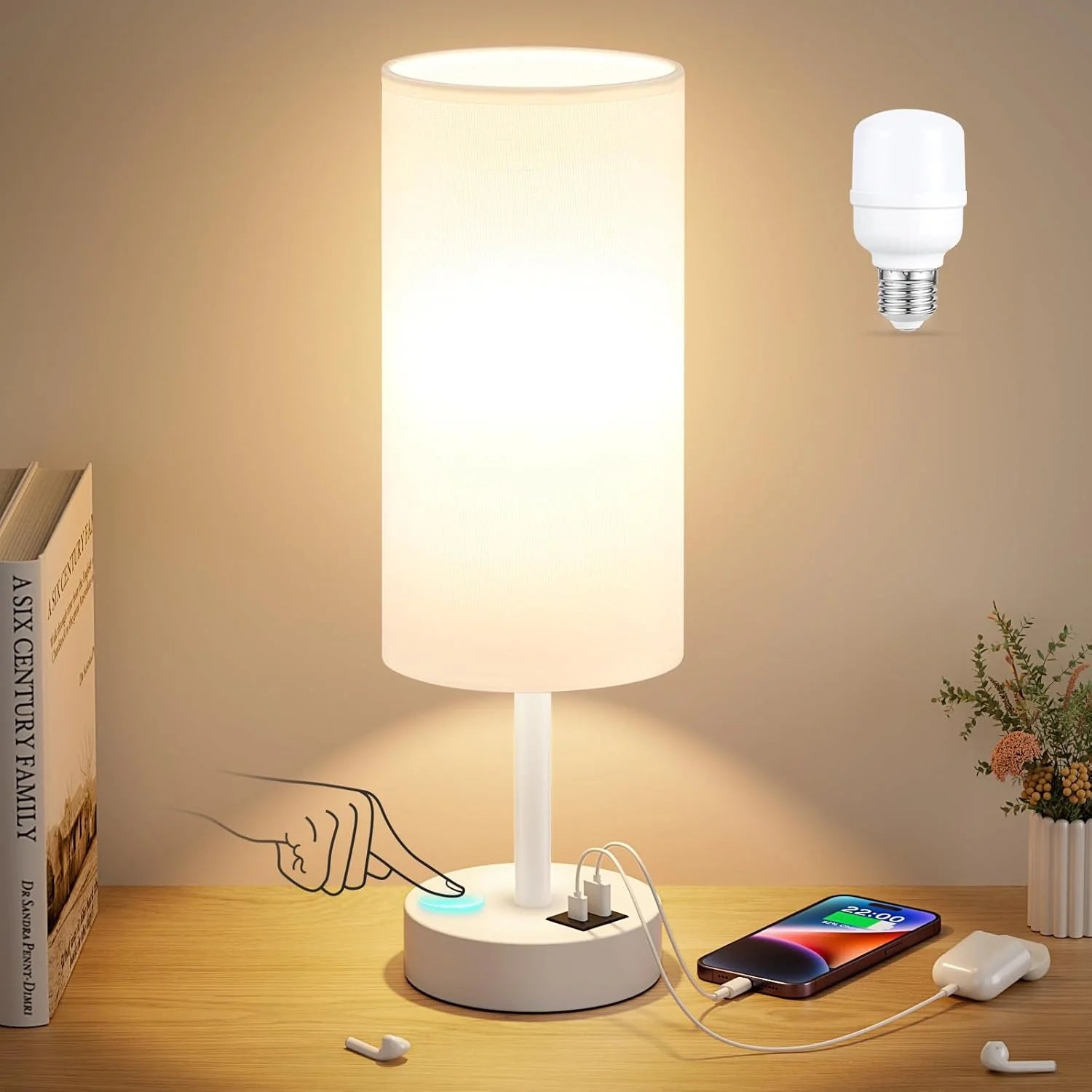 Touch Bedside Table Lamp with USB Wood Base 3 Way Dimmable Small Nightstand Lamp with LED Bulb for Bedroom Living Room